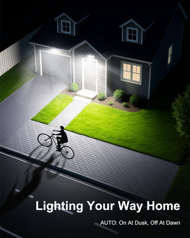RUNBARRY dusk-to-dawn mode demonstrates energy-saving, consistent exterior lighting from sunset onward.