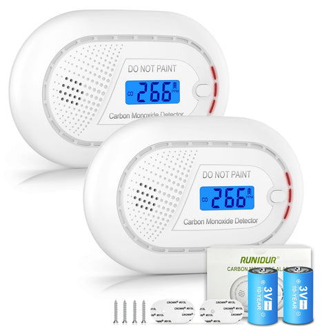 Runidur carbon monoxide detector front view with clear LCD display for real-time readings.