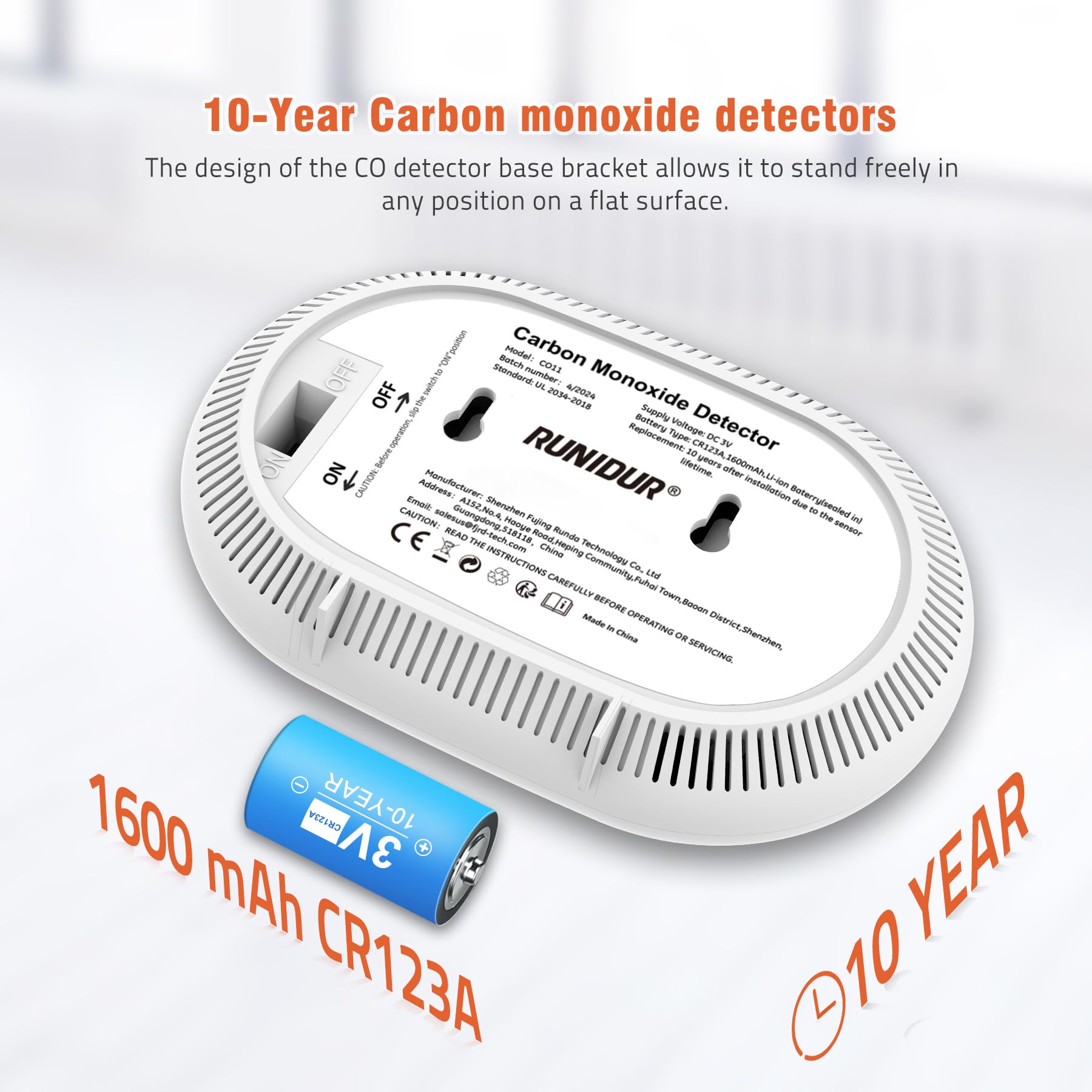 Runidur CO alarm LED indicators signal alert and status.