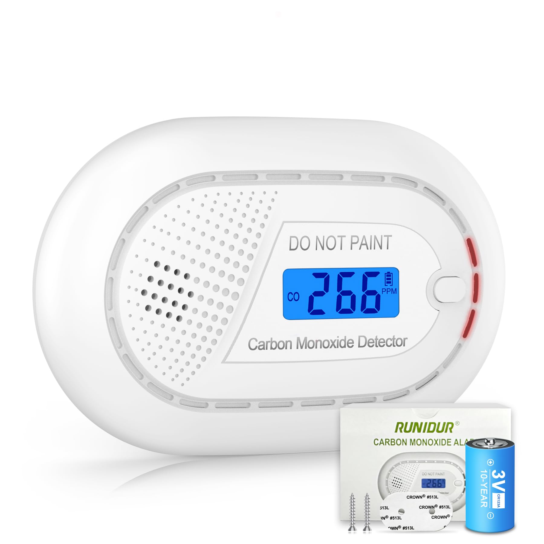 Runidur carbon monoxide detector front view with LCD display shows real-time CO levels