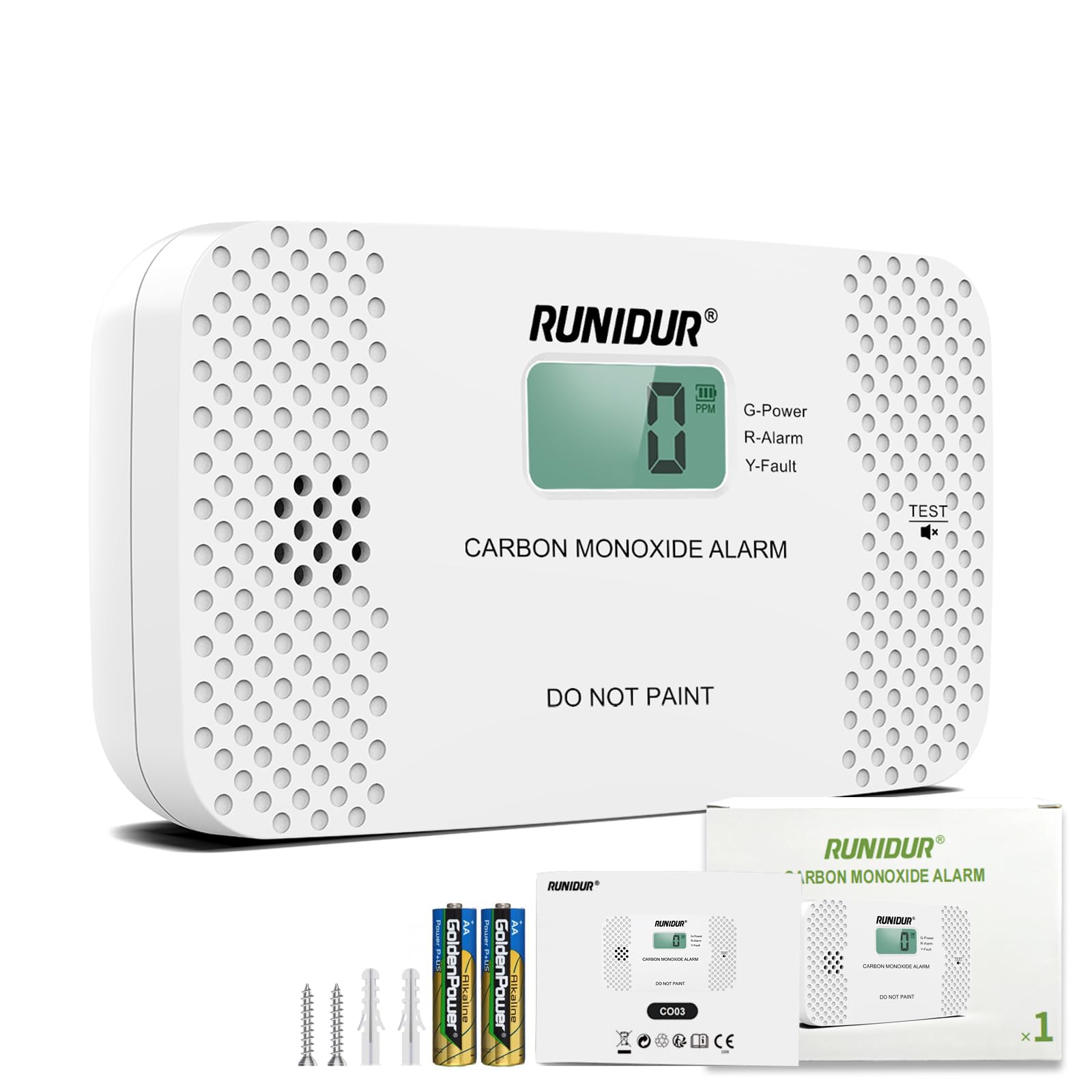 Runidur CO03 front view highlights compact travel-ready detector for on-the-go protection.