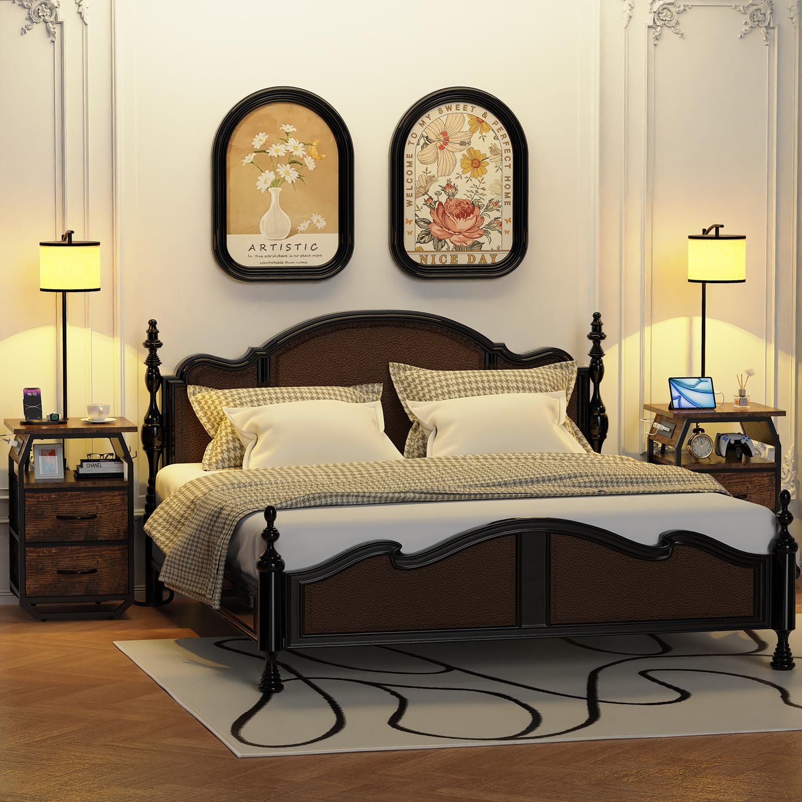 Runjuly end table with lamp and drawers highlighting integrated storage.