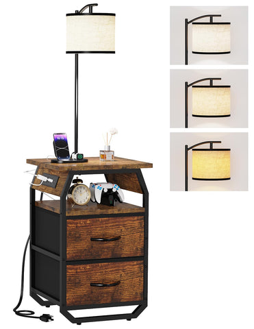 Runjuly floor lamp with table assembly showing space-saving bedside organization.