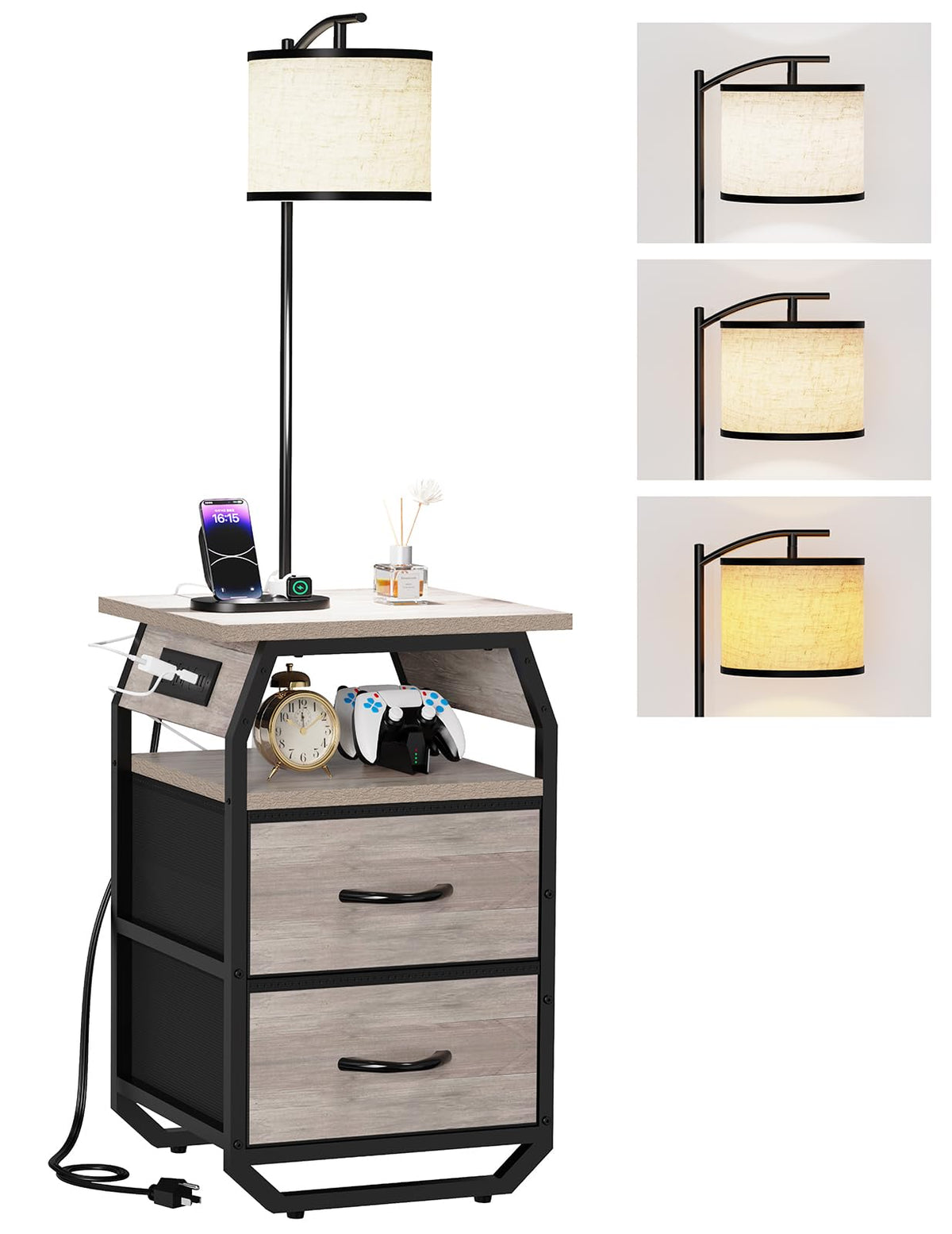 Runjuly floor lamp with table in greige offers space-saving lighting and convenient surface.