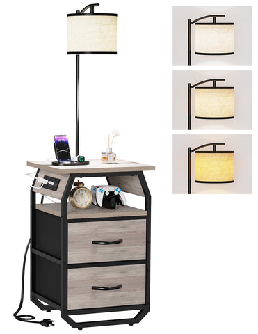 Runjuly floor lamp with table in greige offers space-saving lighting and convenient surface.