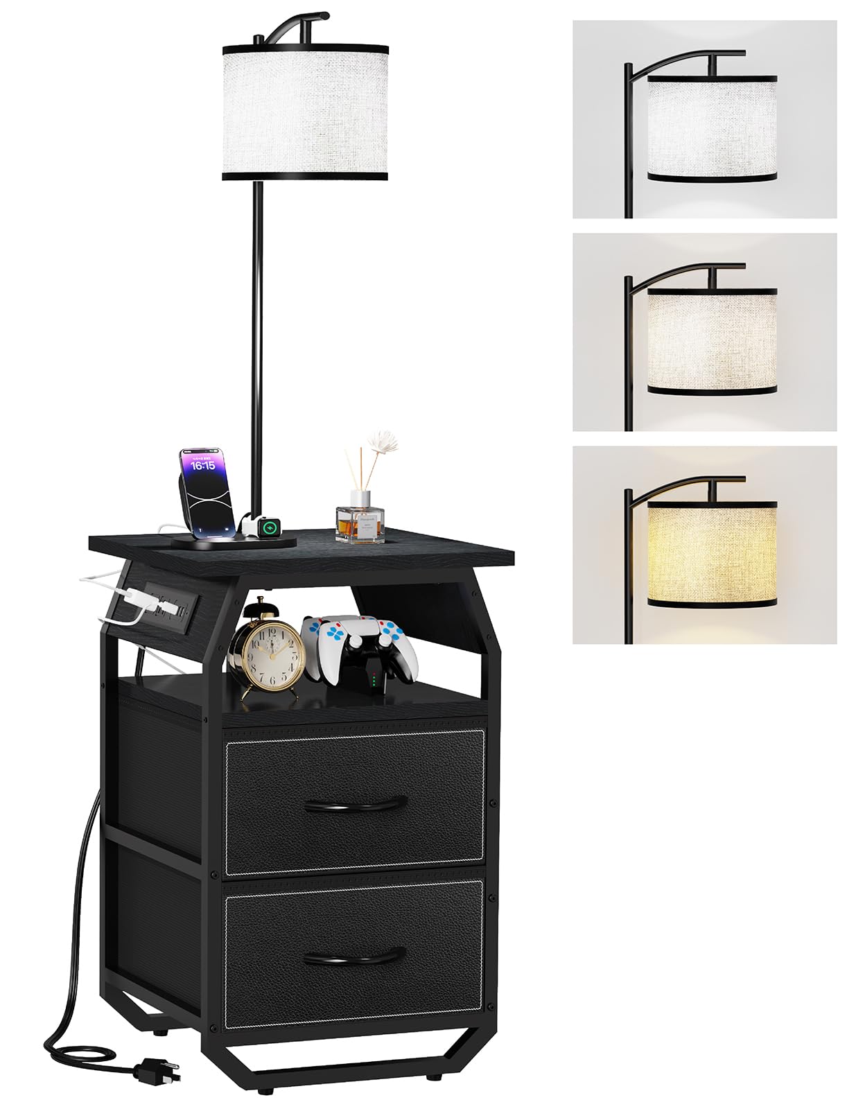 RunJuly floor lamp with table offers compact, space-saving design for small bedrooms.