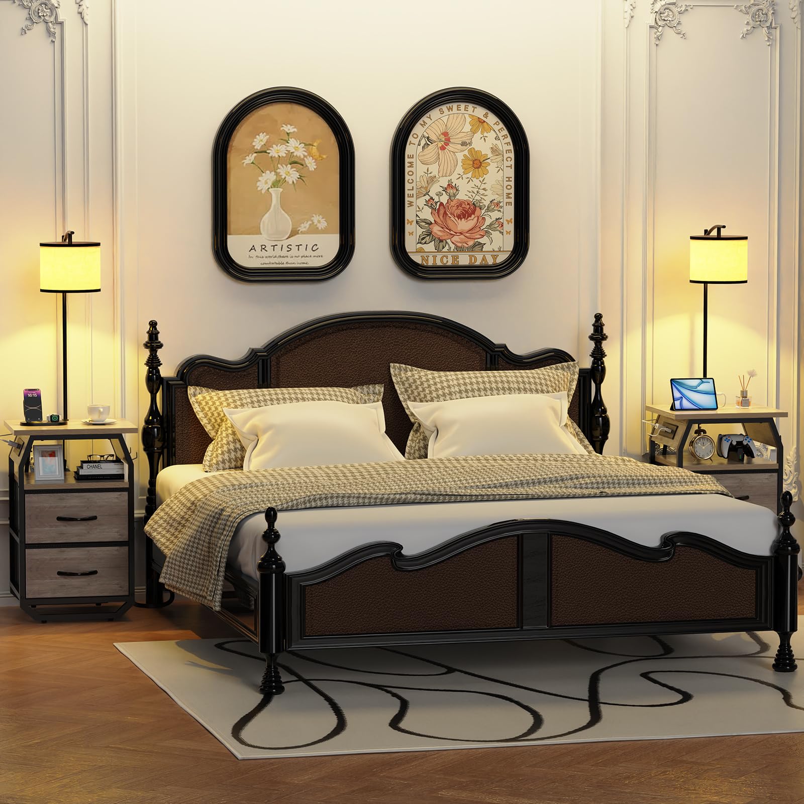 Runjuly side table with lamp and drawers provides extra storage beside seating or bed.
