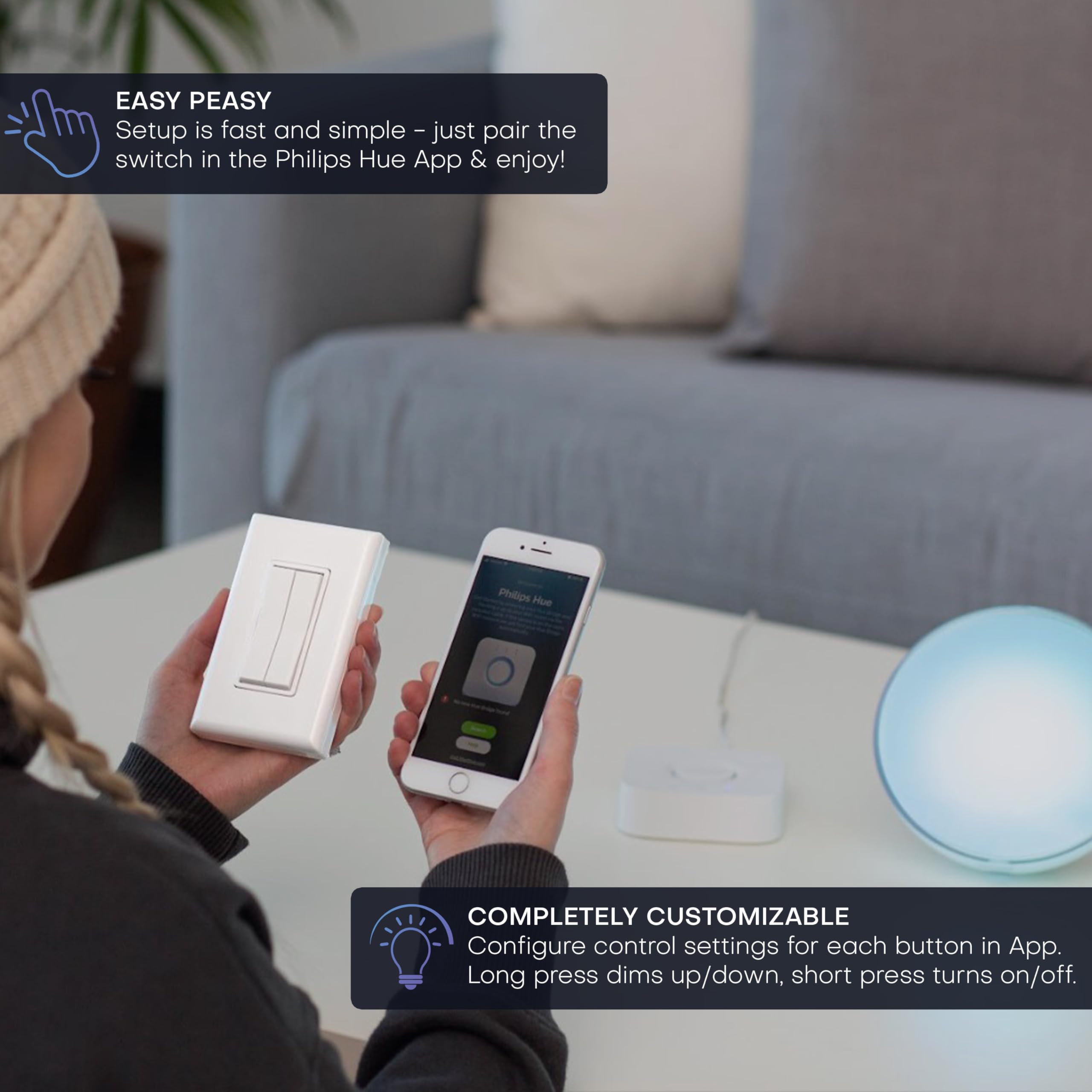 RunLessWire Philips Hue switch adhesive install ready for quick setup.