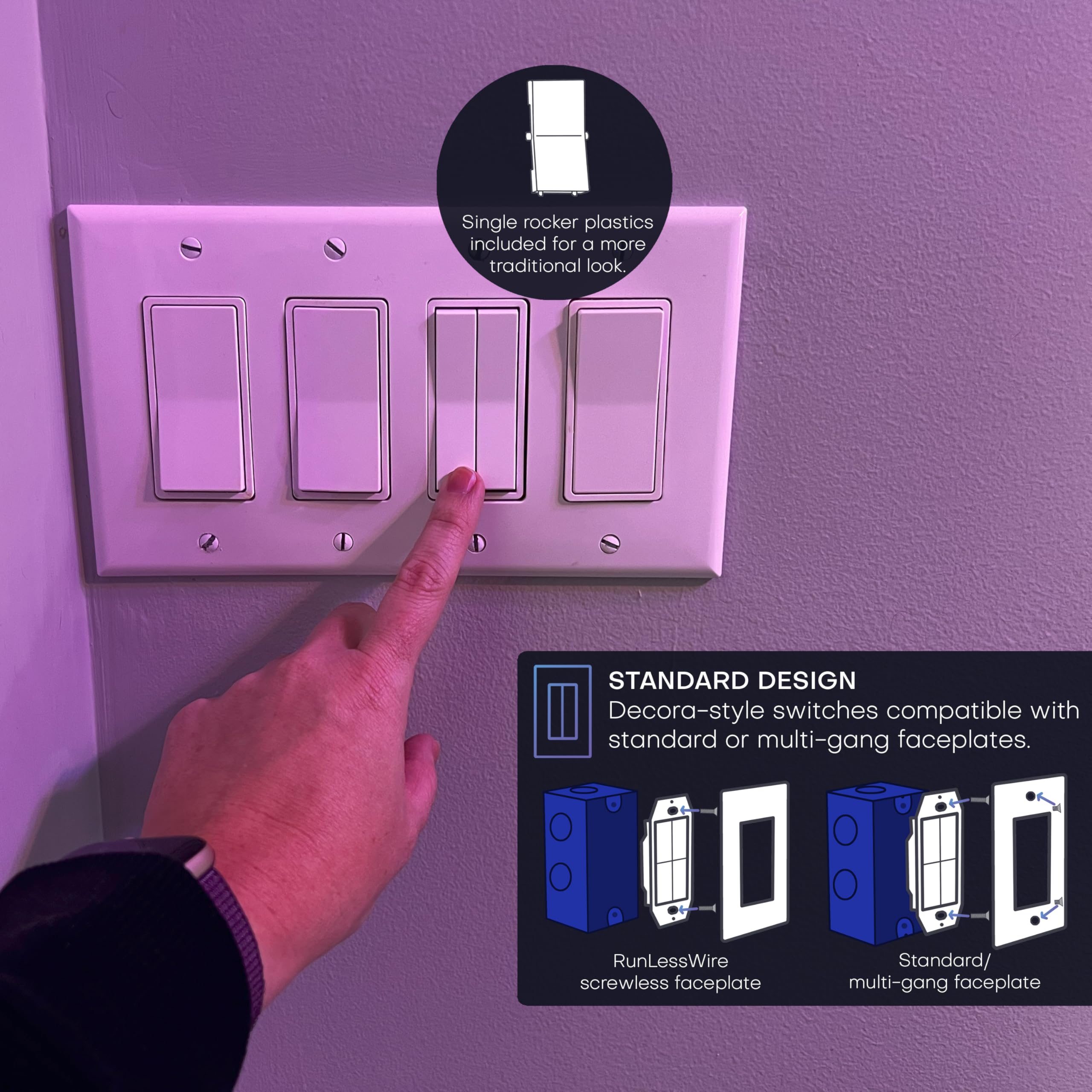 RunLessWire Hue switch with Decora faceplate for familiar decor.