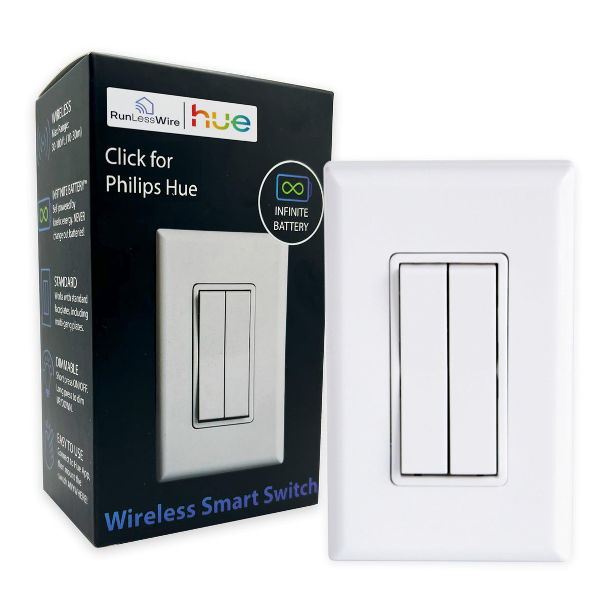 RunLessWire Click for Philips Hue switch front view showing compact, battery-free control.