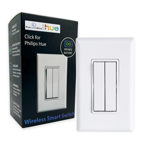 RunLessWire Click for Philips Hue switch front view showing compact, battery-free control.