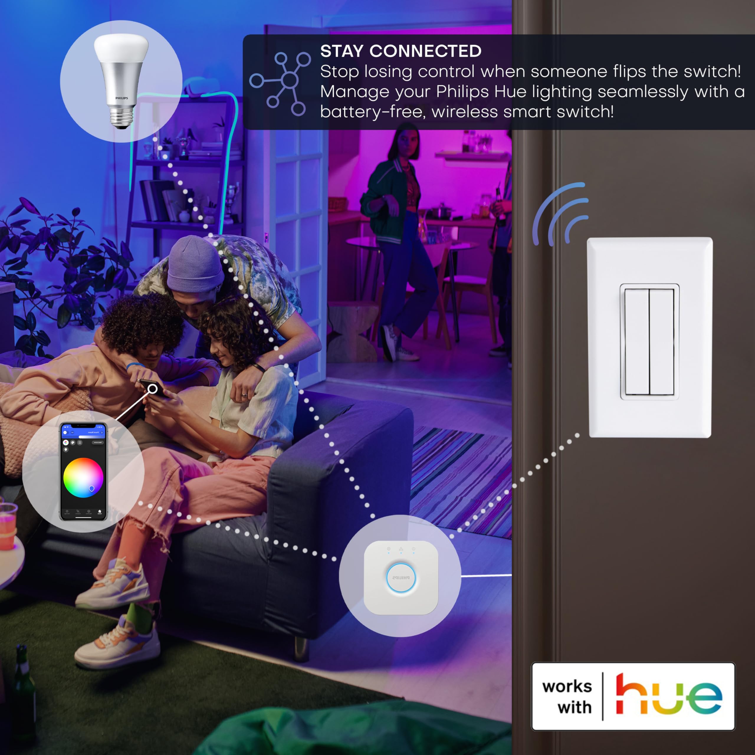 RunLessWire Philips Hue switch side view highlighting slim profile.
