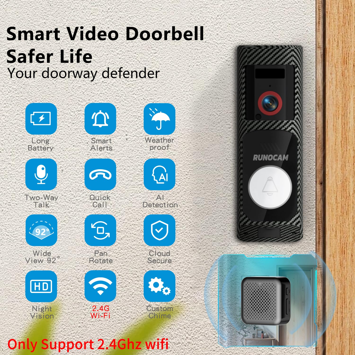 RUNOCAM 1280p HD video preview on mobile for clear doorstep visibility.