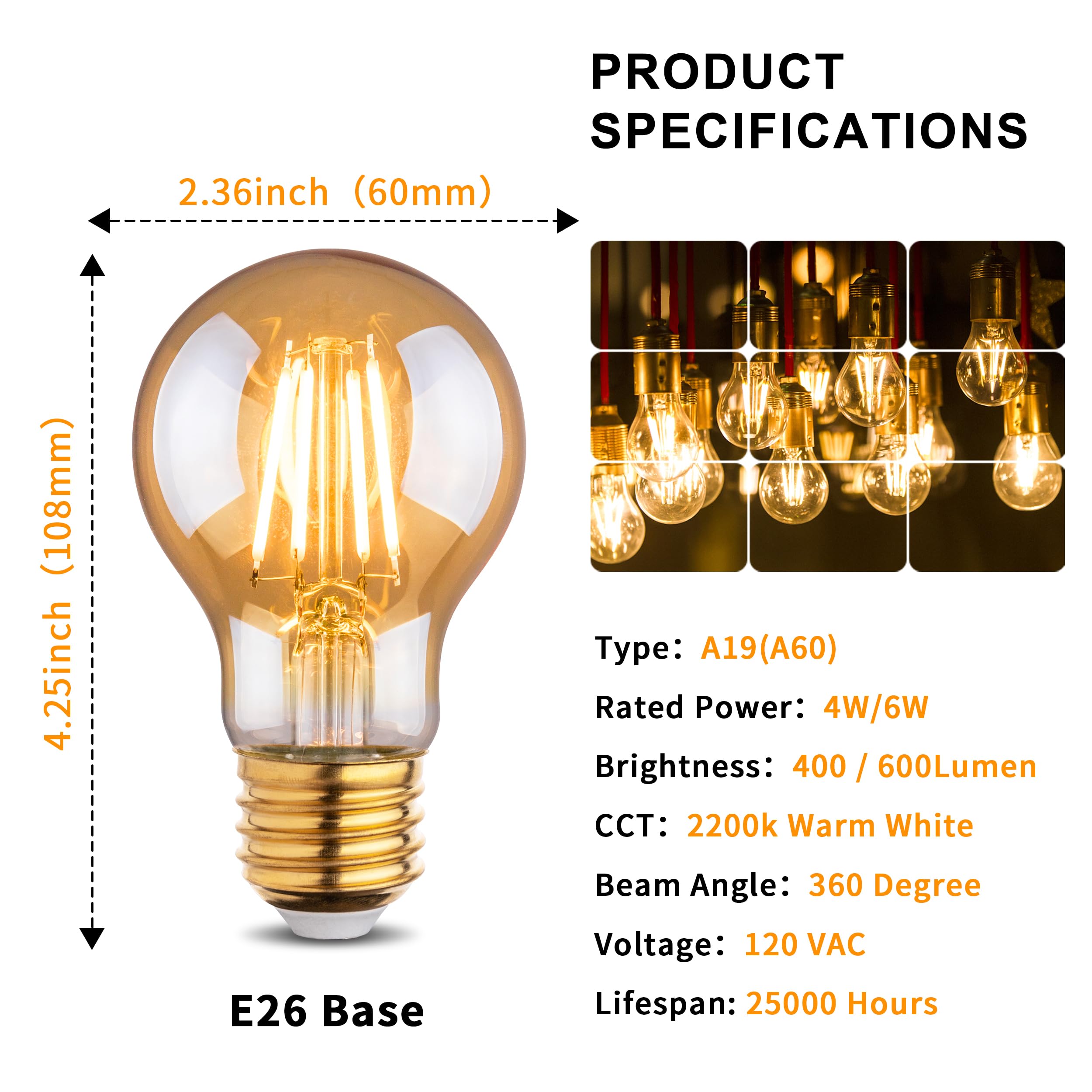 Runquiz amber LED Edison bulb with 6W-60W equivalent brightness for brighter scenes.