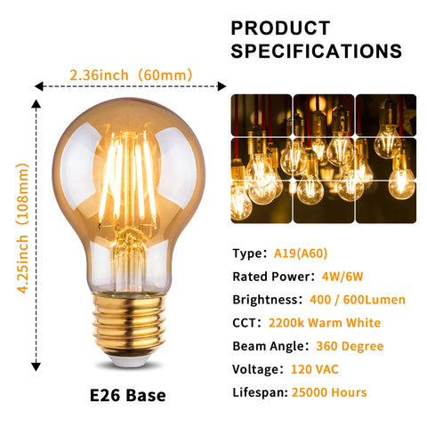 Runquiz amber LED Edison bulb with 6W-60W equivalent brightness for brighter scenes.