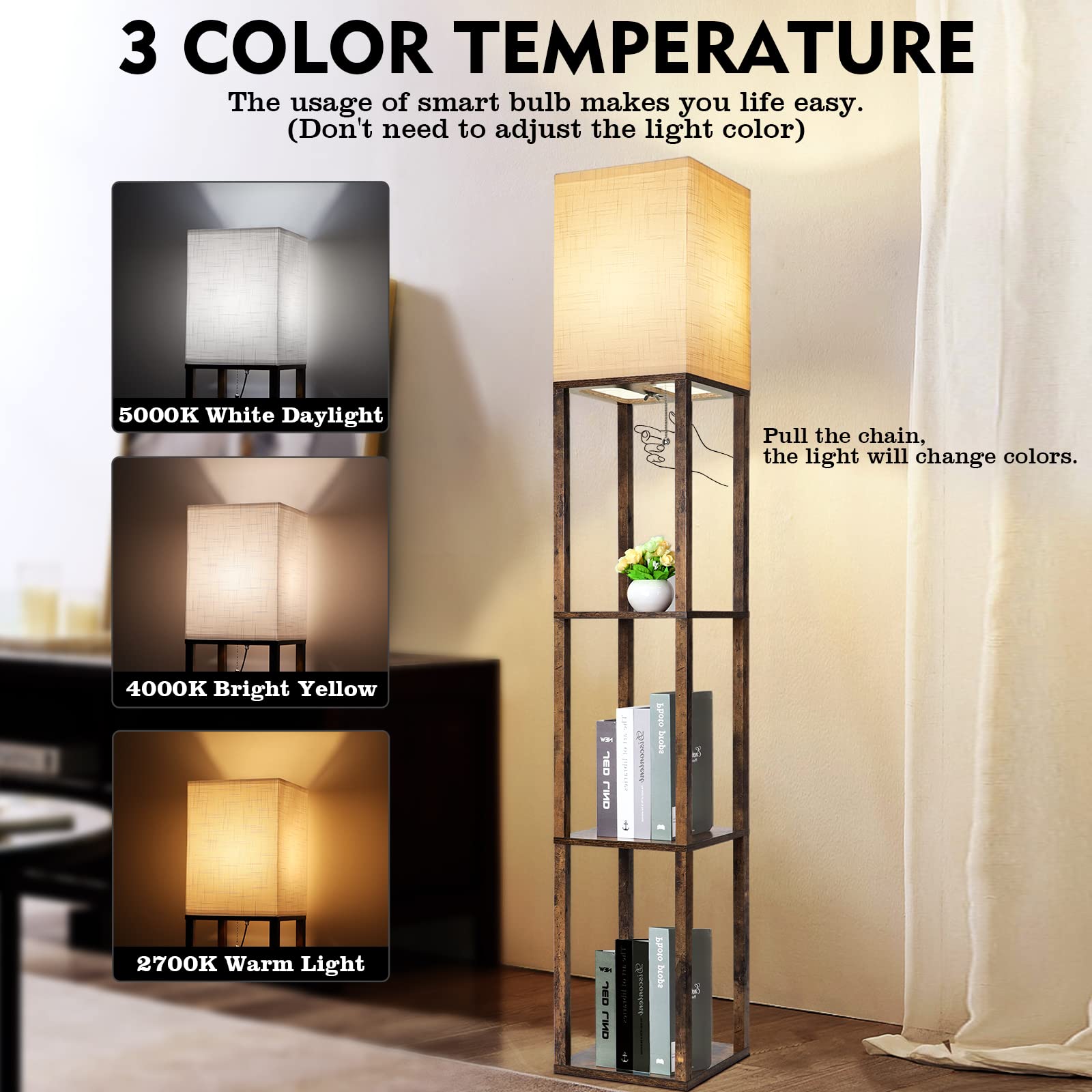 RUNTOP 63-inch shelf lamp placed in a corner for space-saving decor.