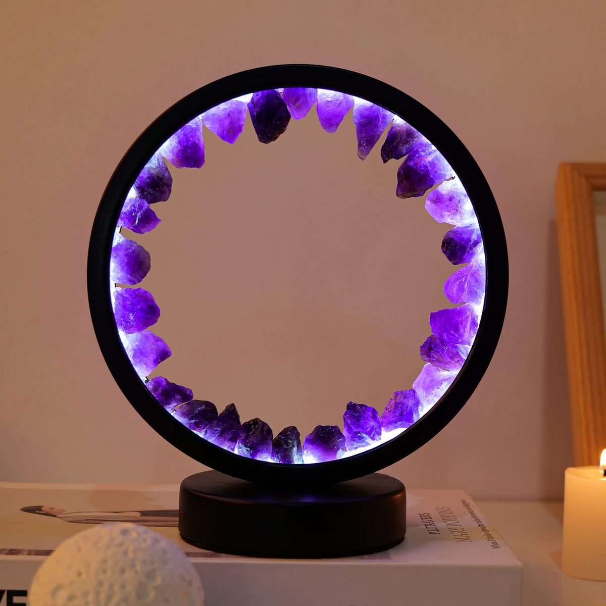 Runyangshi amethyst night lamp base glows softly for a tranquil bedside atmosphere
