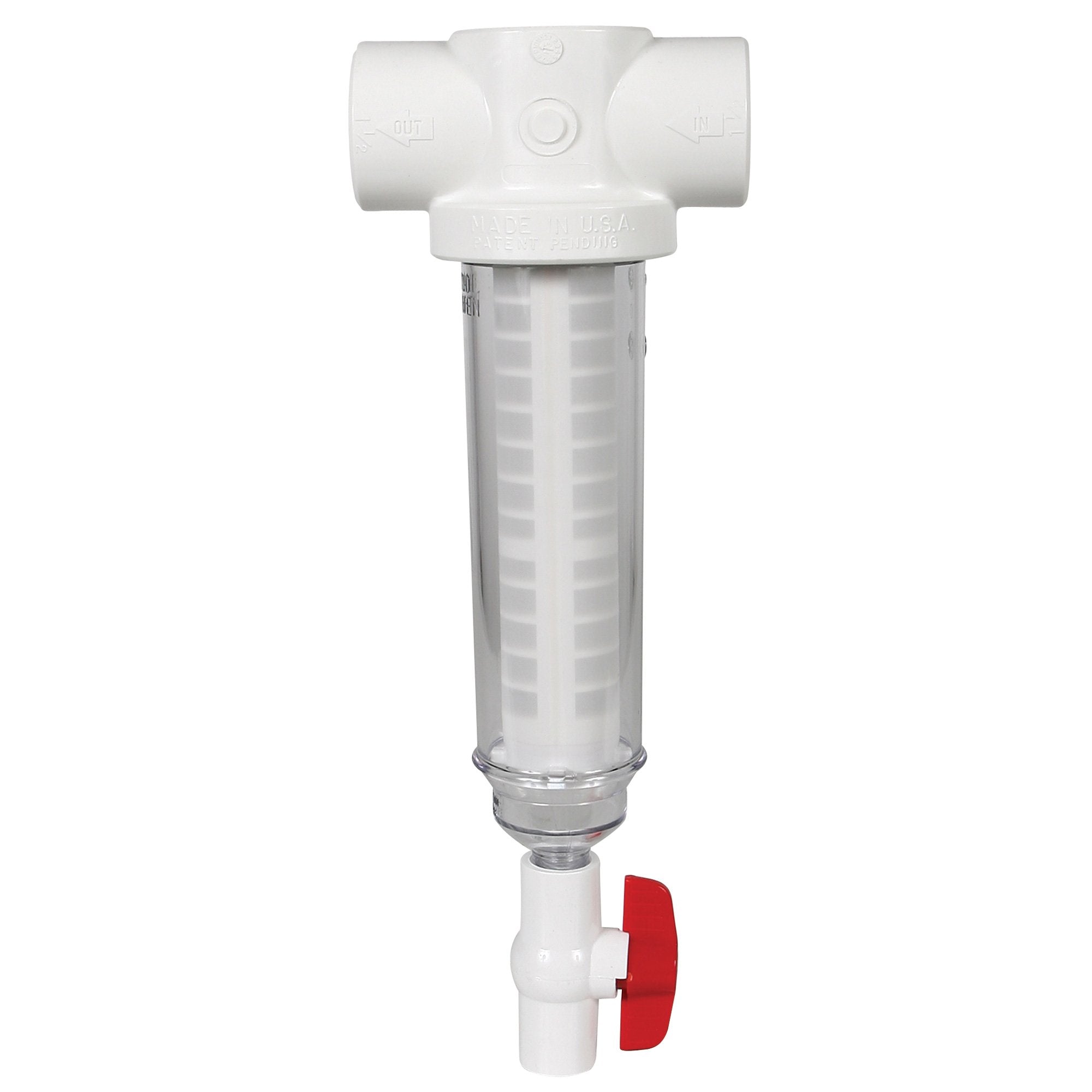 Rusco 1-12-100-F spin-down sediment filter with polyester screen protects equipment in well water and cooling systems.