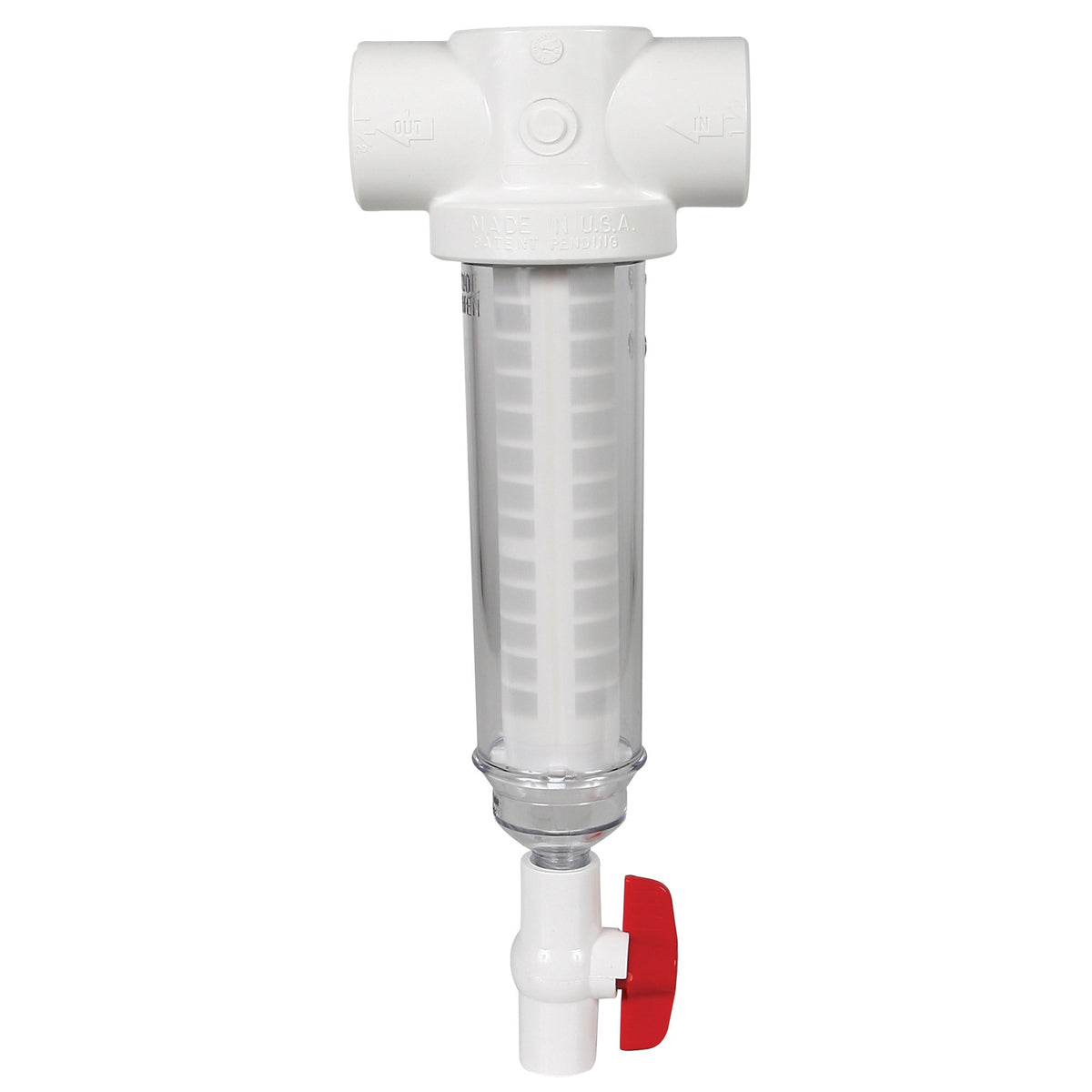 Rusco 1-12-100-F spin-down sediment filter with polyester screen protects equipment in well water and cooling systems.