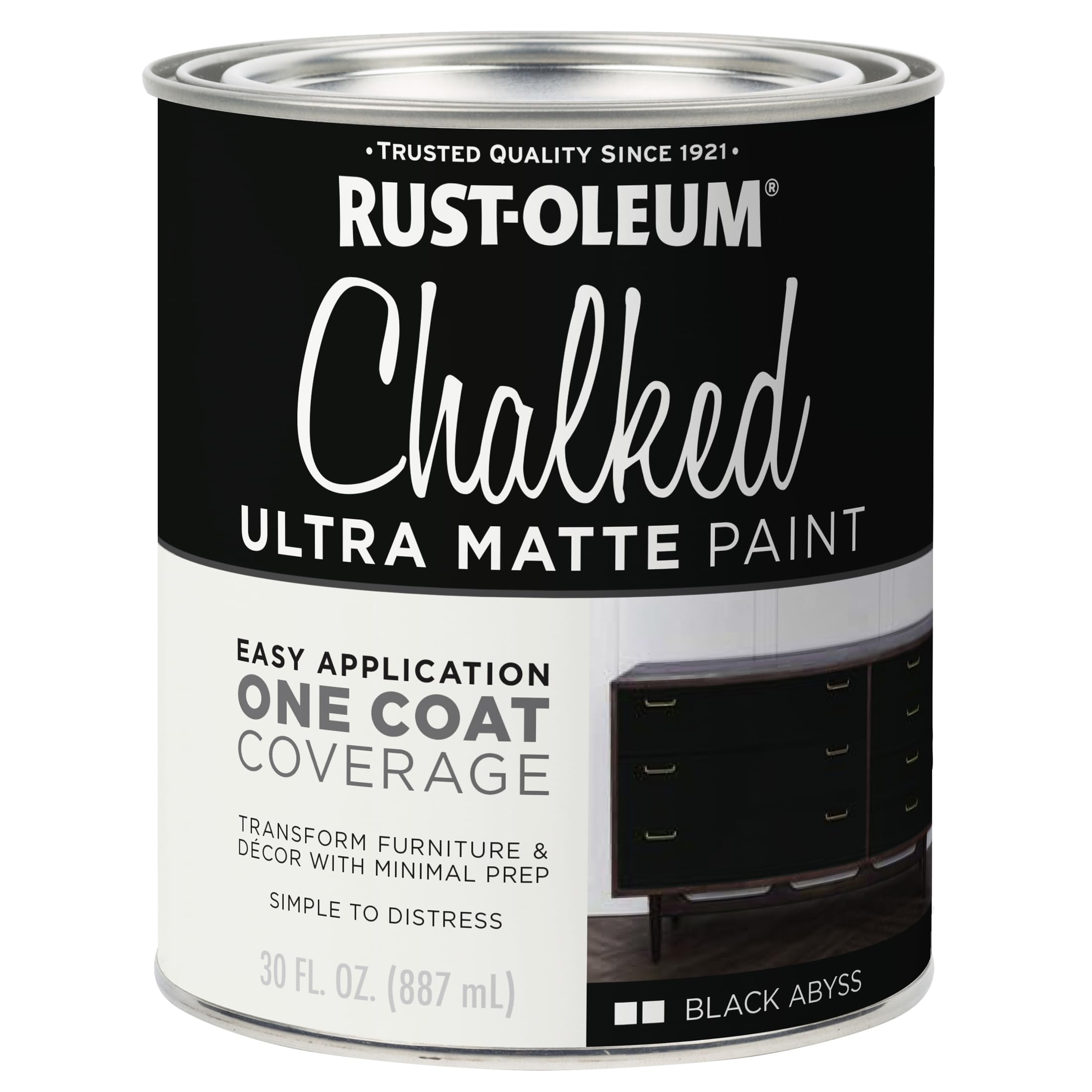 Rust-Oleum Black Abyss Chalked paint applying one-coat coverage on furniture.