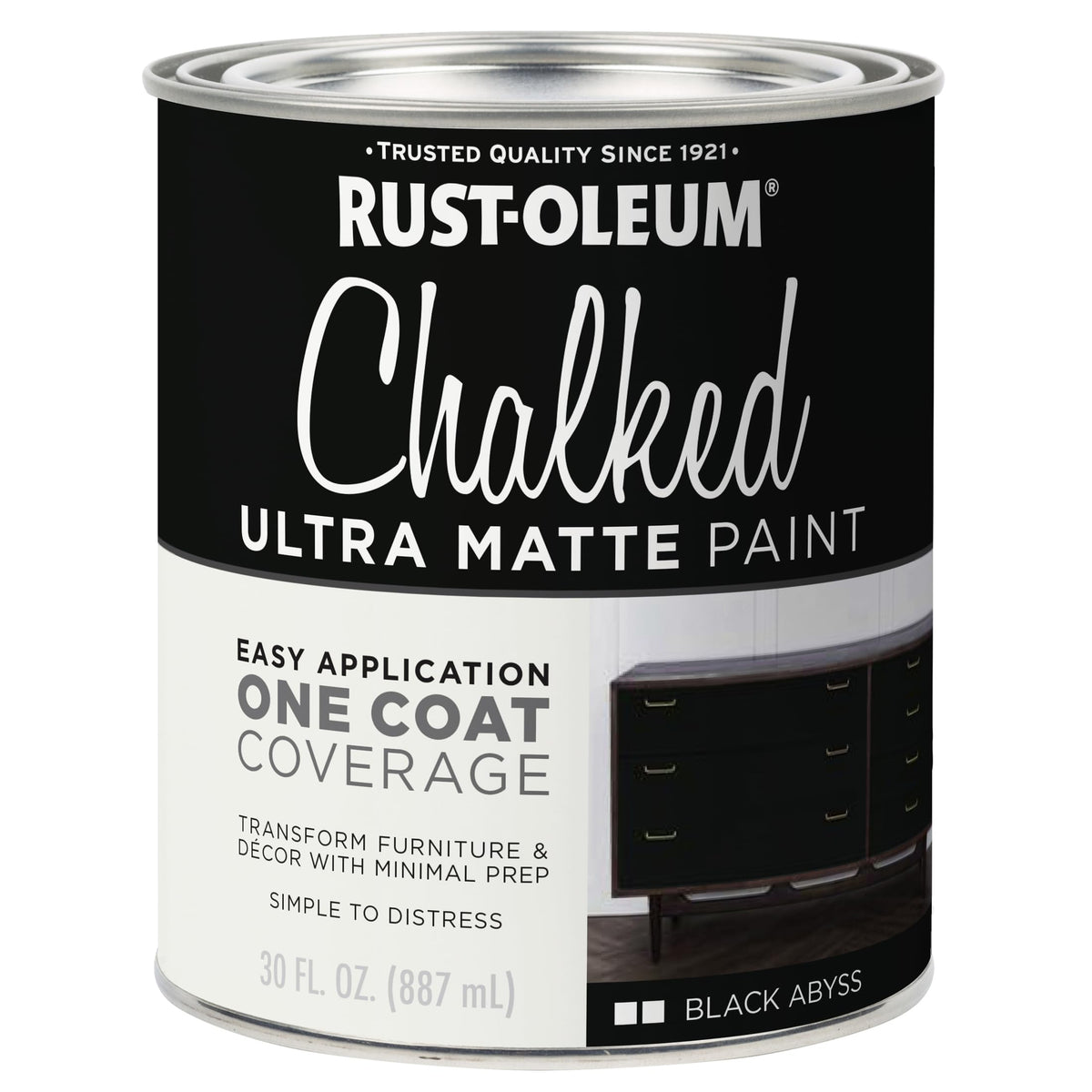 Rust-Oleum Black Abyss Chalked paint applying one-coat coverage on furniture.