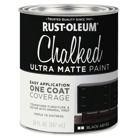 Rust-Oleum Black Abyss Chalked paint applying one-coat coverage on furniture.