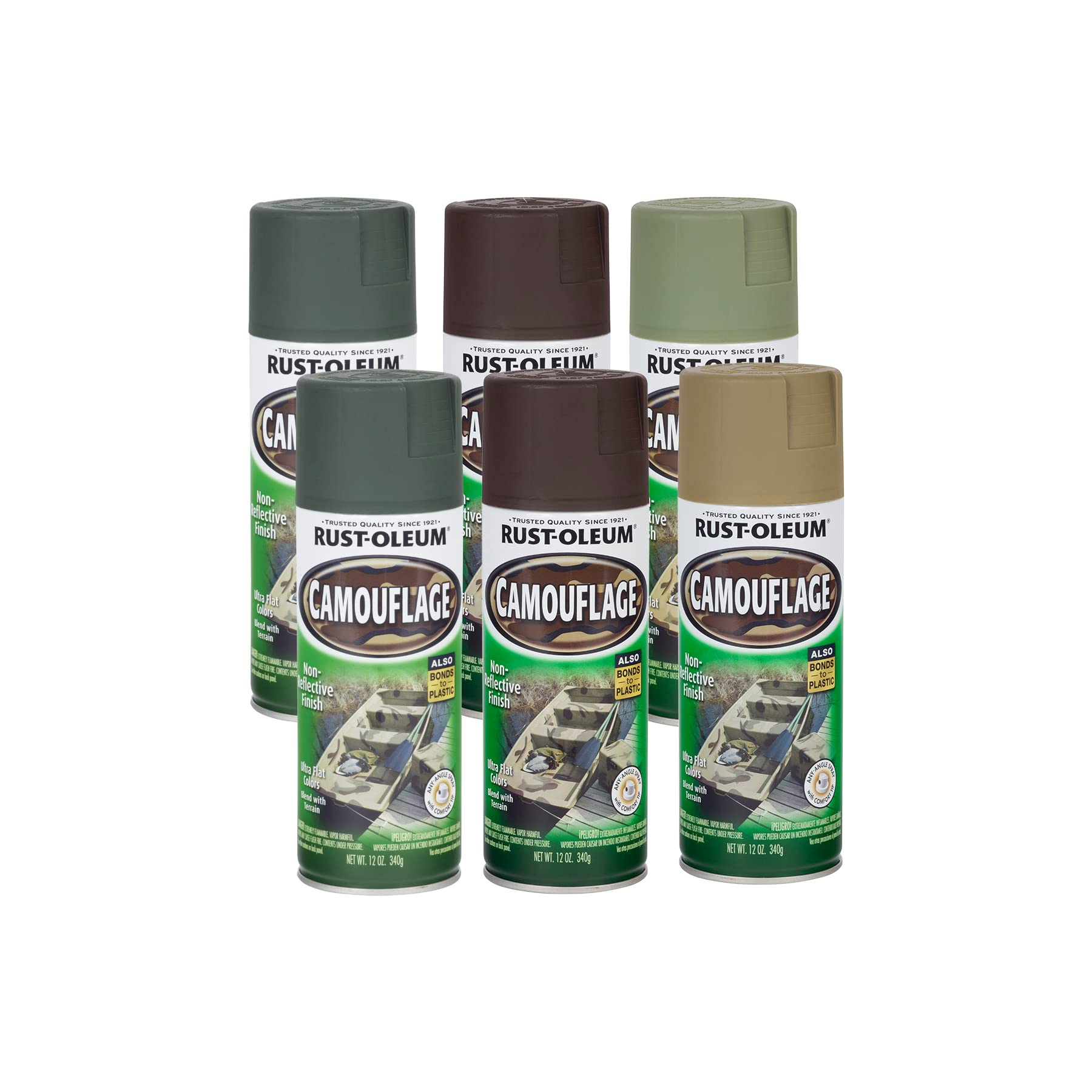 Rust-Oleum camouflage earth brown 12 oz can for non-reflective hides on masonry and wood.