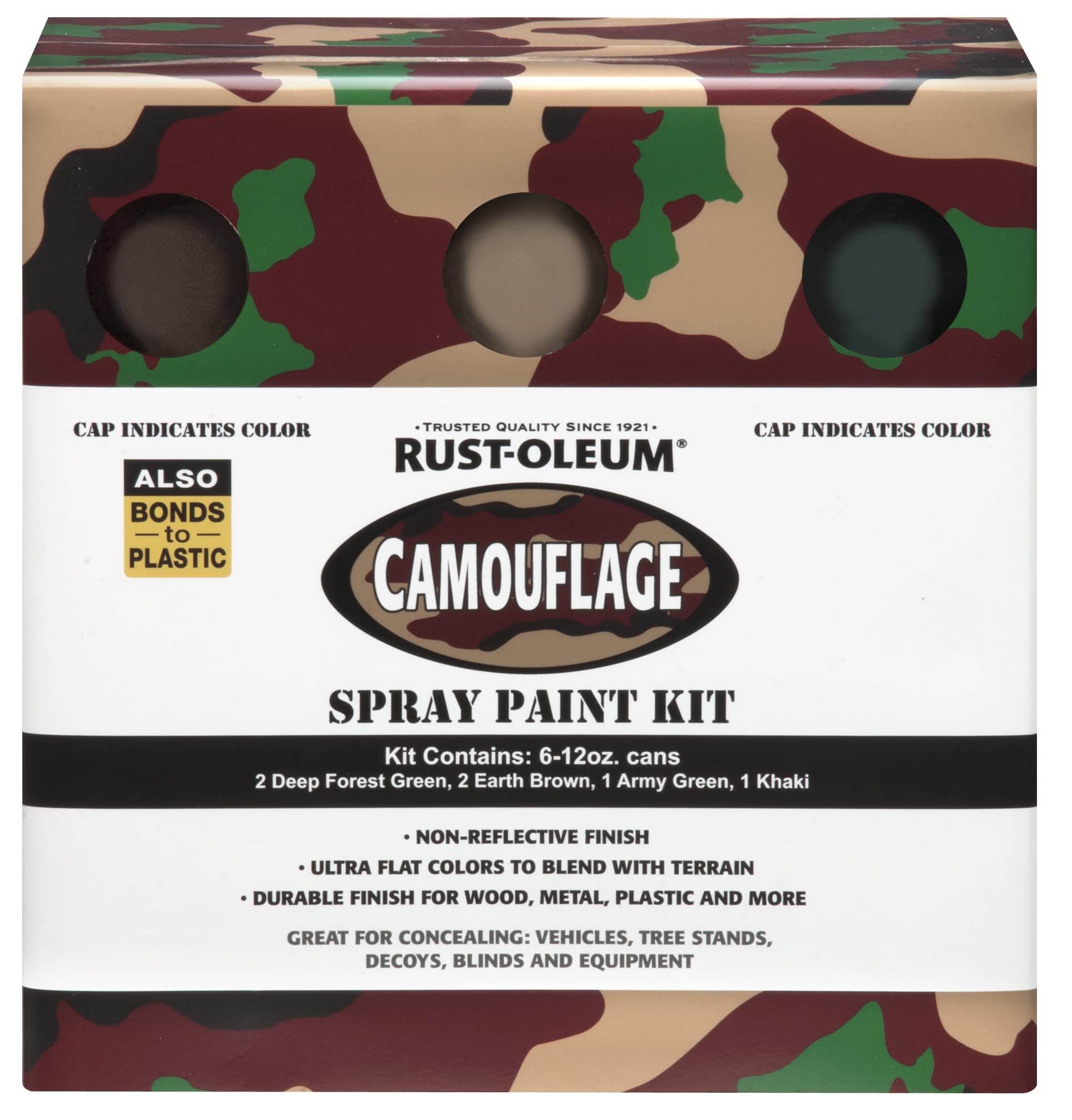 Rust-Oleum camouflage forest green 12 oz can for outdoor concealment on wood or metal.