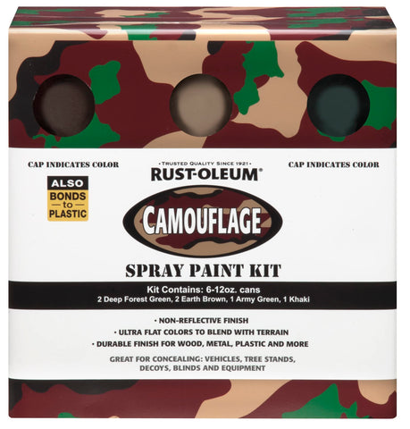 Rust-Oleum camouflage forest green 12 oz can for outdoor concealment on wood or metal.