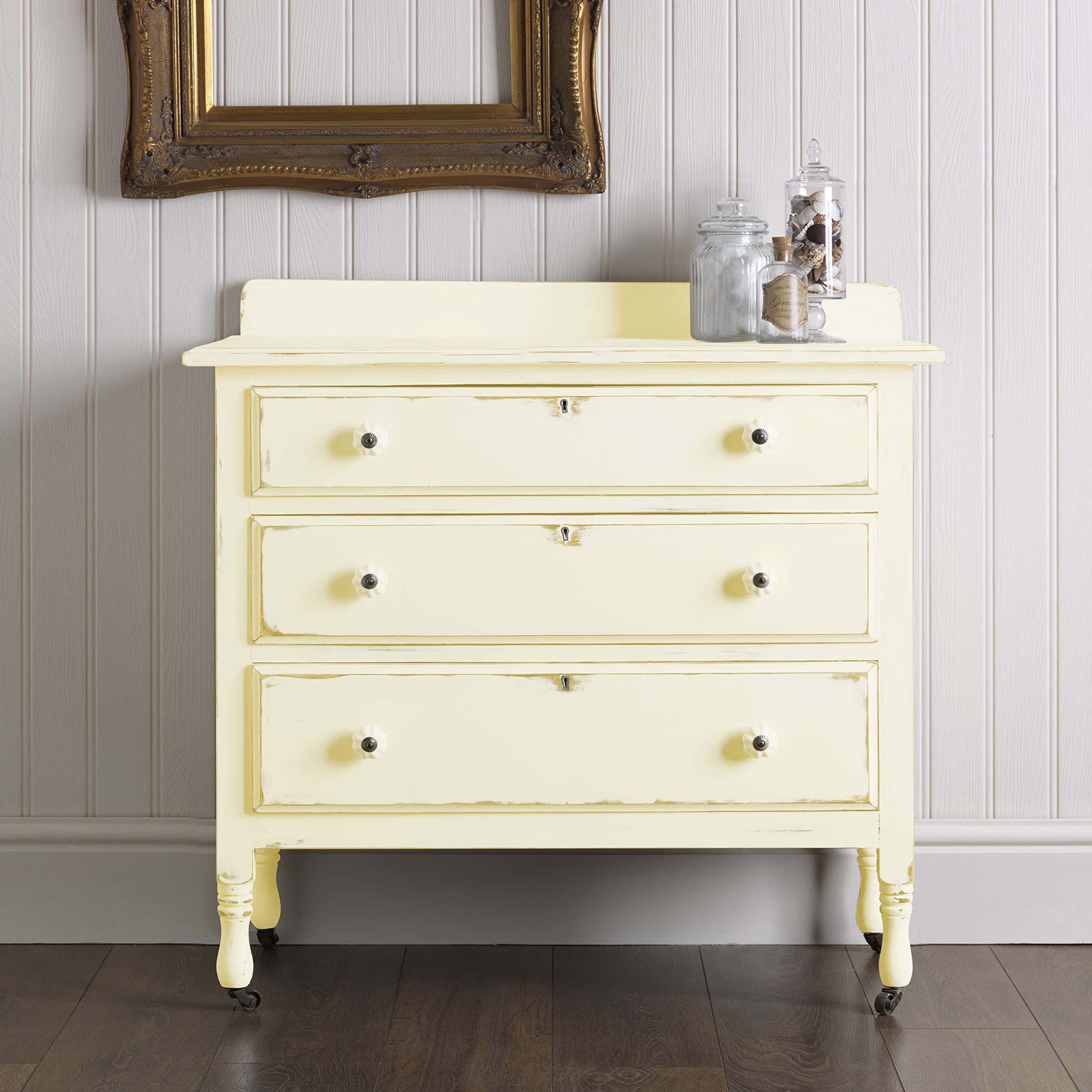 Rust-Oleum Chalked One-Coat Coverage bottle highlights quick furniture transform