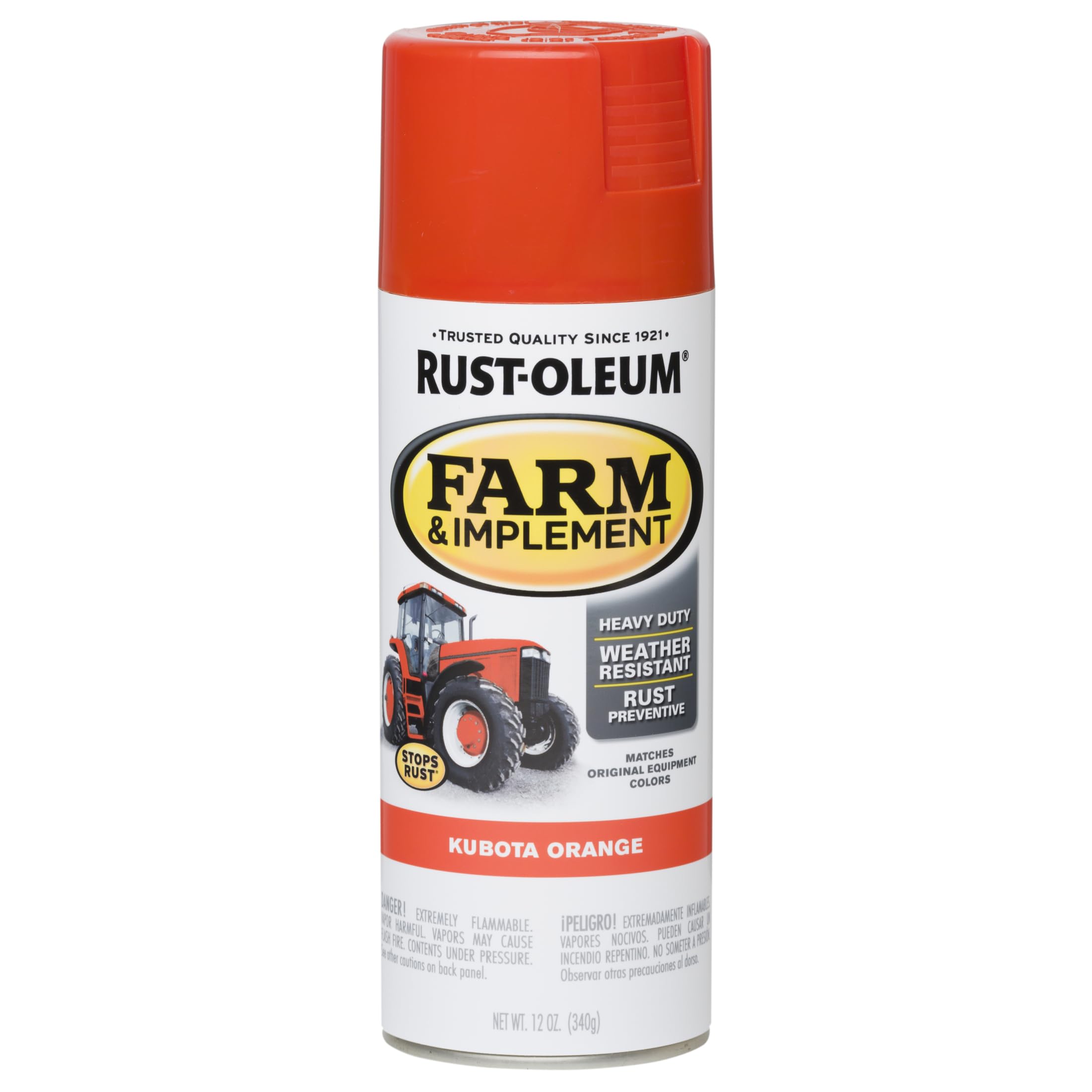 Rust-Oleum Farm & Implement Kubota Orange spray can for durable equipment touch-ups.