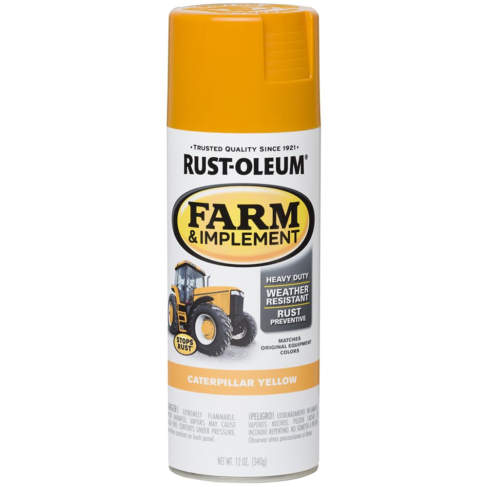 Rust-Oleum Farm & Implement spray paint yellow can for durable rust protection on metal equipment.
