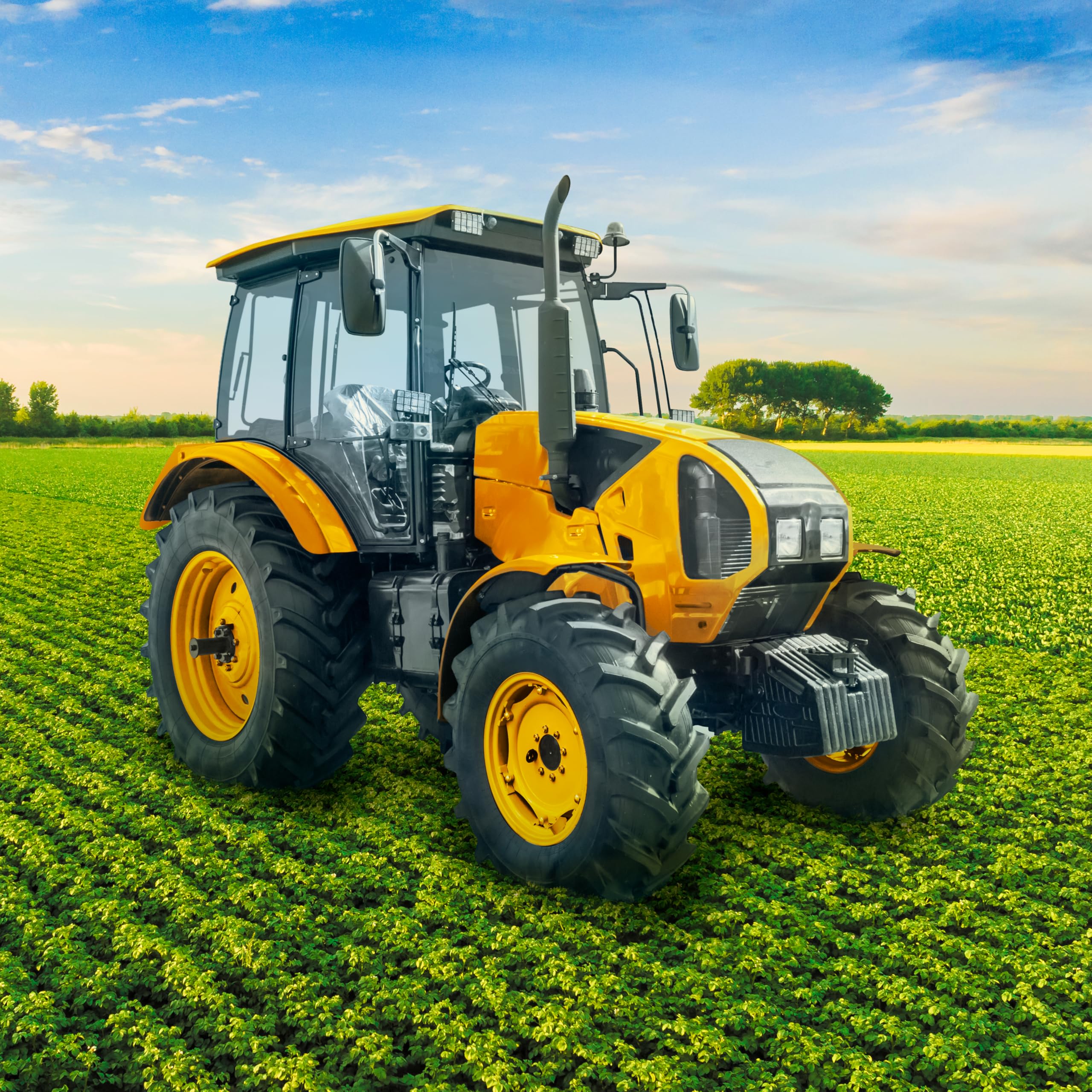 Rust-Oleum Farm & Implement spray paint yellow applied to a tractor showing color match and weather resistance.