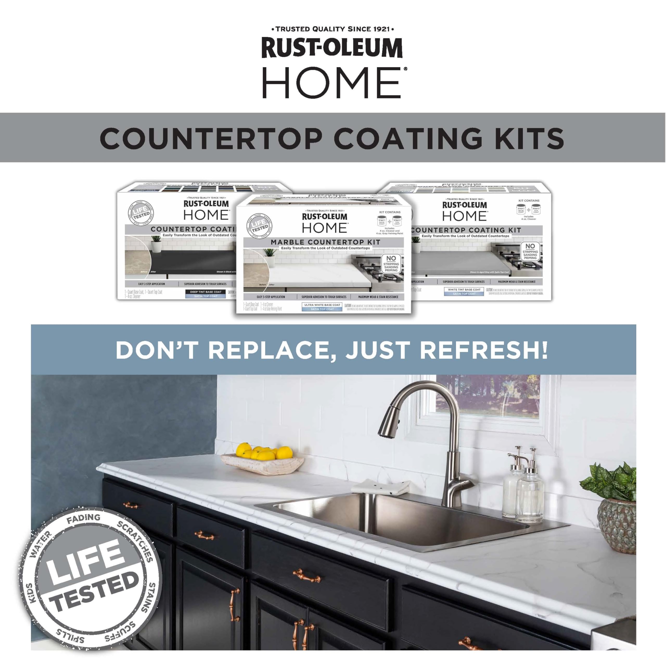 Rust-Oleum Home marble kit suited for bare, sealed, or coated surfaces like laminate.