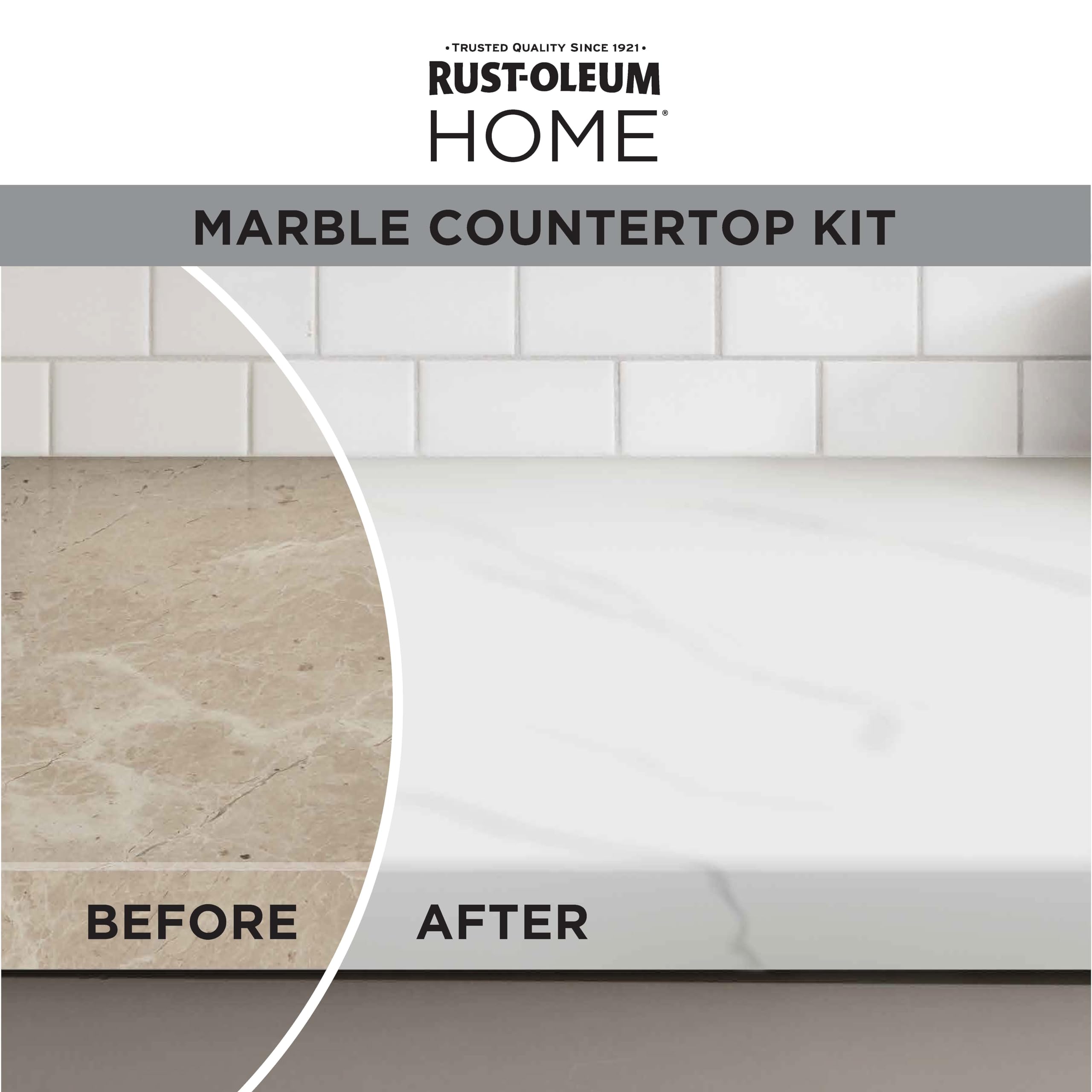 Rust-Oleum Home veining pattern with gray bottle creates custom marble look.