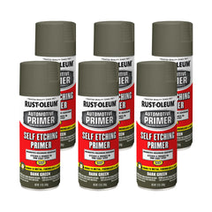 Rust-Oleum self-etching primer spray can in dark green for bare-metal adhesion