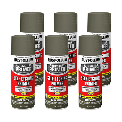 Rust-Oleum self-etching primer spray can in dark green for bare-metal adhesion