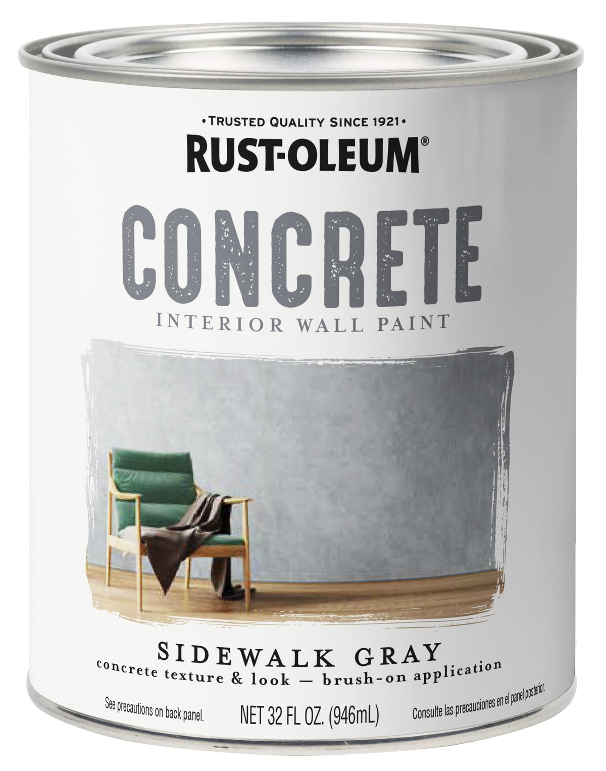 Rust-Oleum Sidewalk Gray paint bottle showing textured concrete look for interior walls.