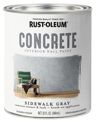 Rust-Oleum Sidewalk Gray paint bottle showing textured concrete look for interior walls.