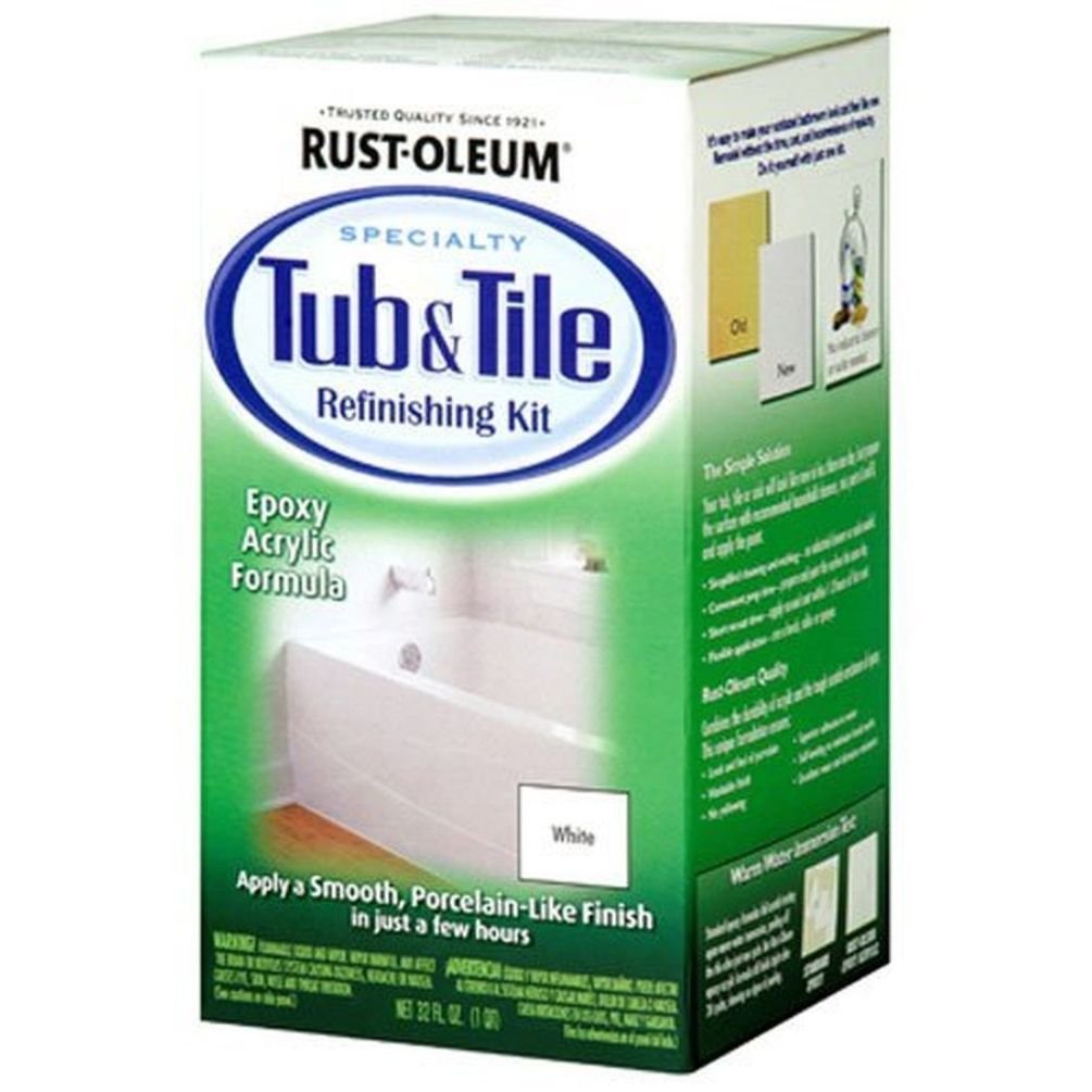 Rust-Oleum Tub and Tile Refinishing Kit bottle and contents demonstrate durable moisture-resistant coating for bathrooms.