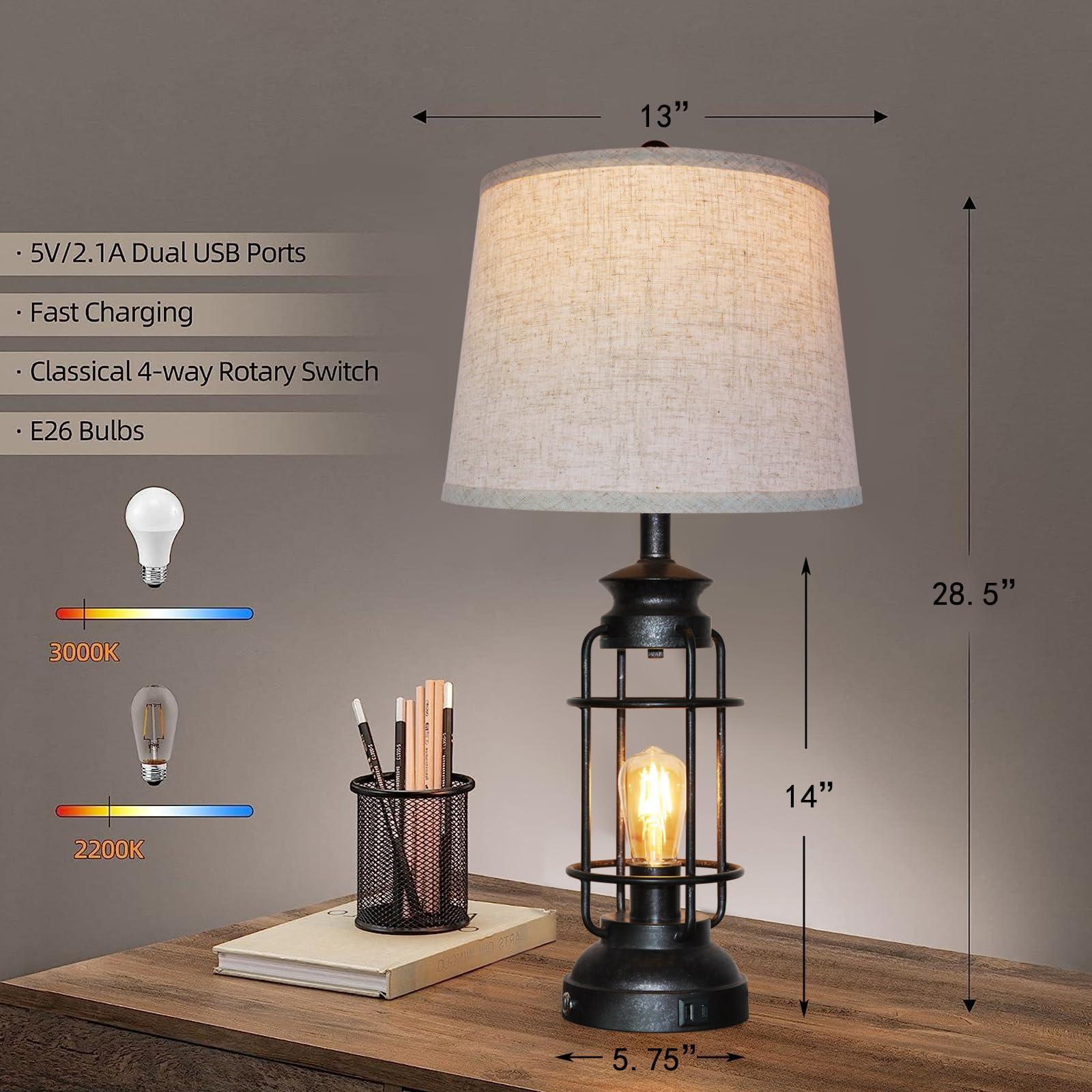 Rustic industrial table lamp pair with linen shades for warm ambience.