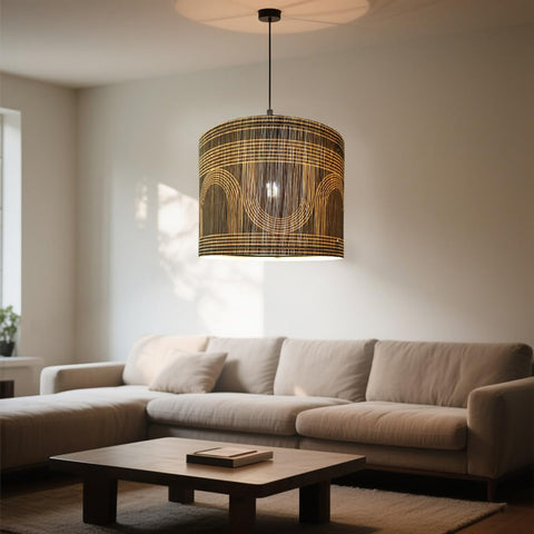 Rustic bamboo shade fits chandeliers and fixtures for rustic decor.