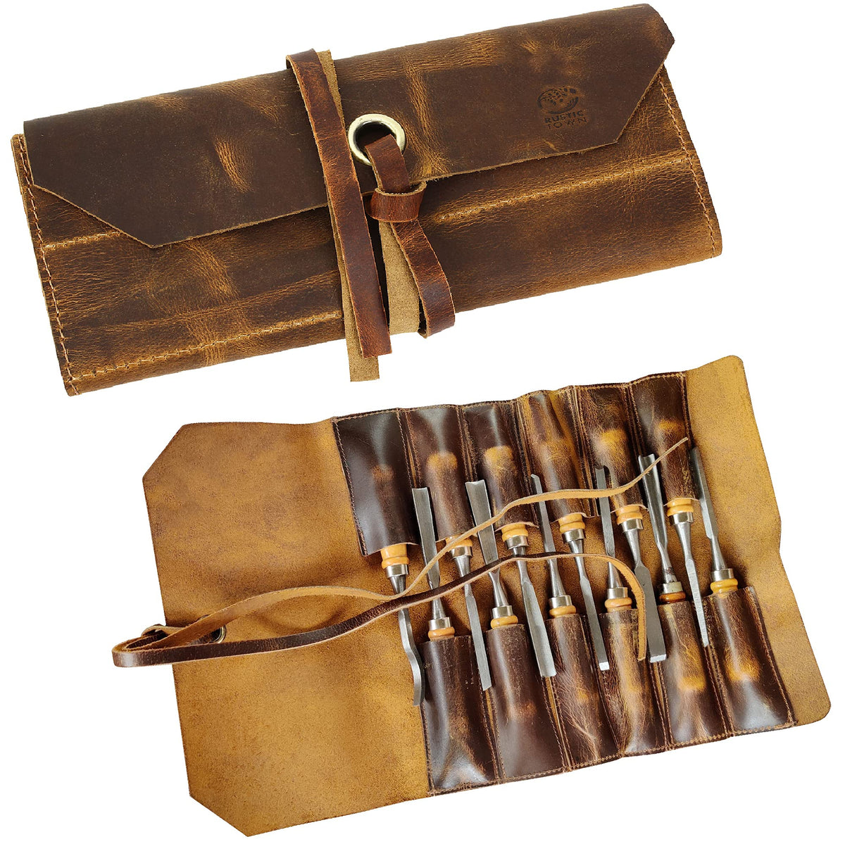 Rustic Town leather tool roll unrolled with 12 slots for organized chisels and wrenches