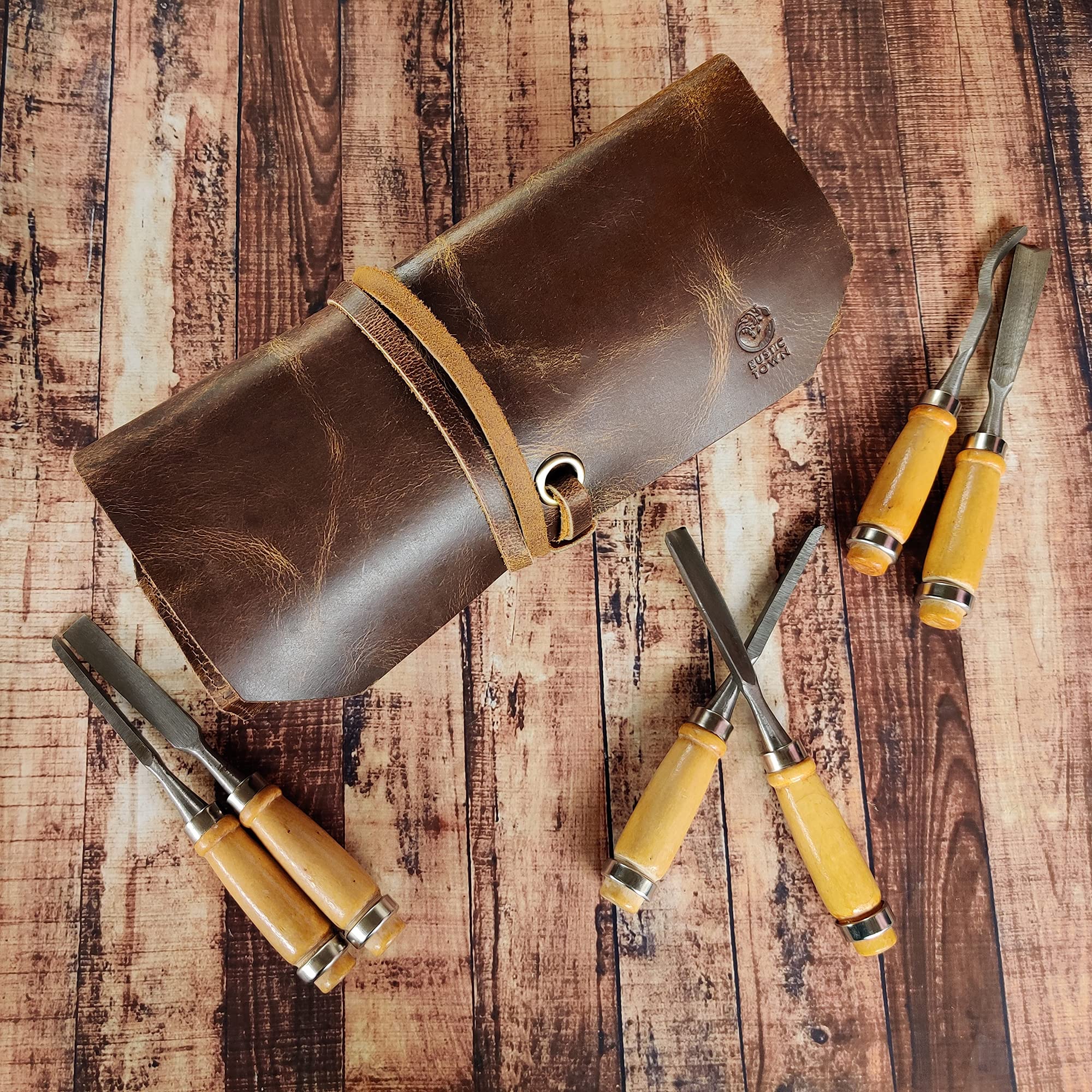Rustic Town tool roll on site shows organized storage solution