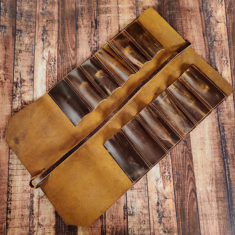 Rustic Town full grain leather tool roll showcases durable aging patina