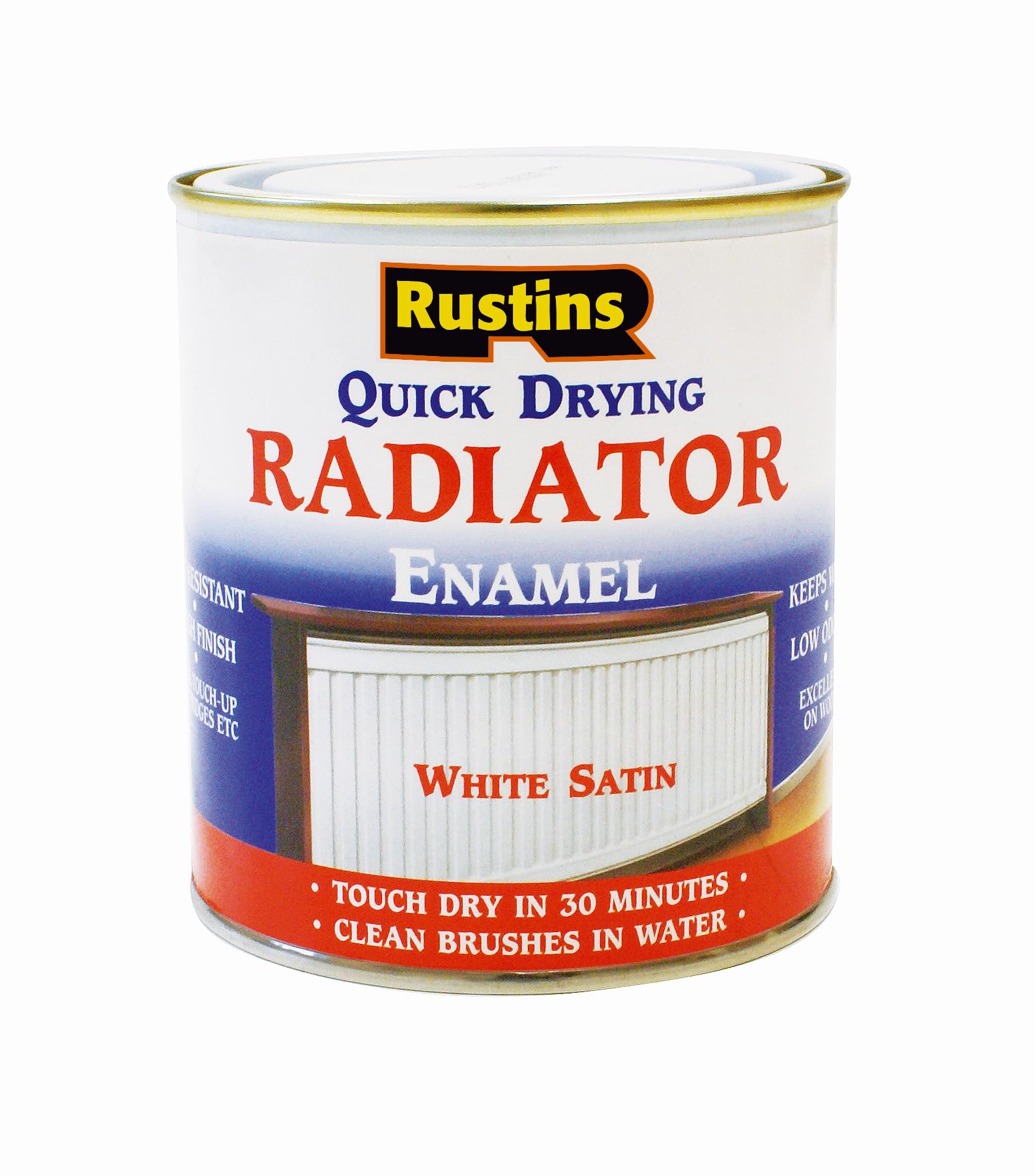 Rustins Quick Dry Radiator Enamel Satin 500ml bottle for white appliance touch-ups