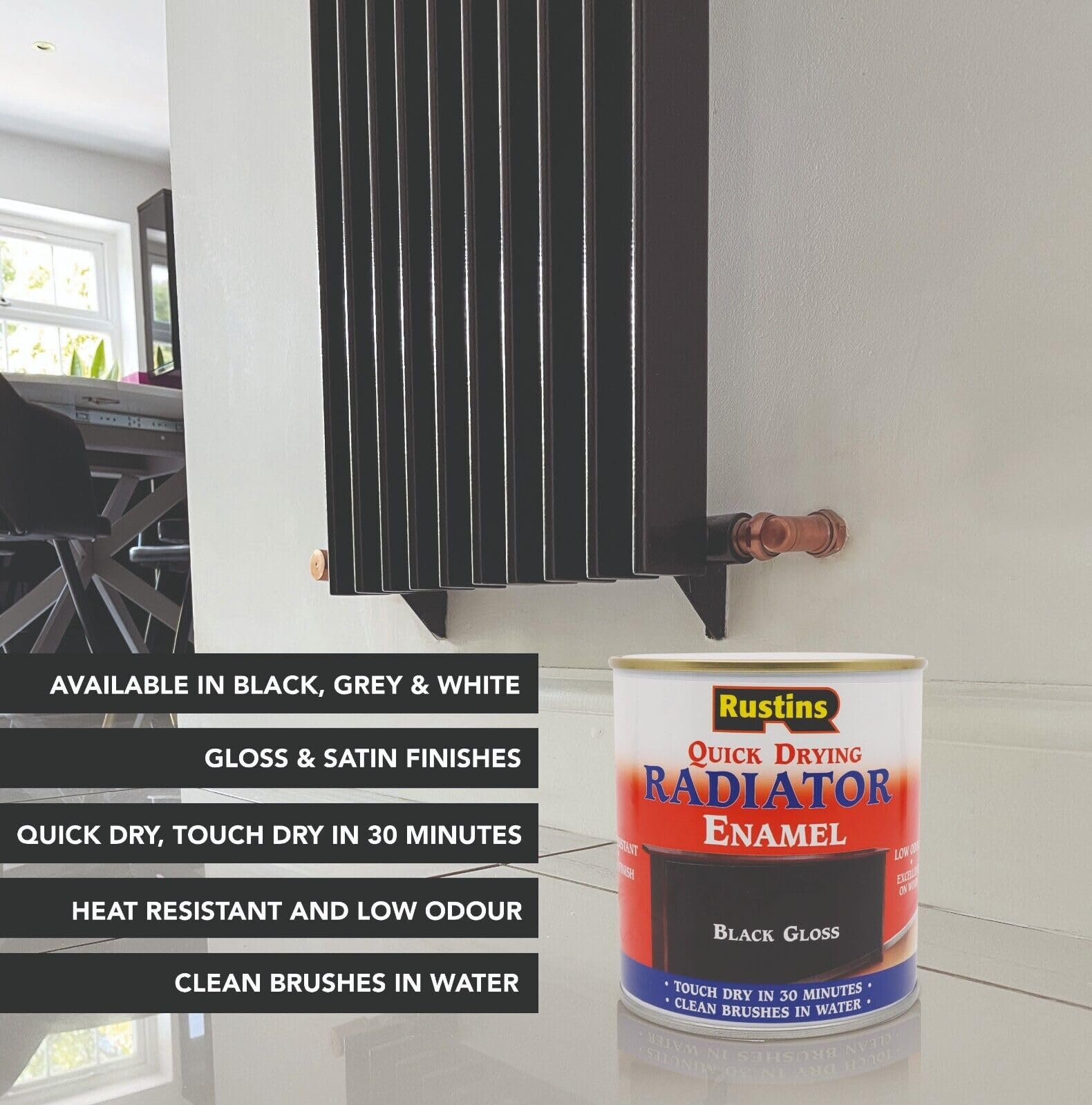 Rustins Quick Dry Radiator Enamel Satin 500ml satin finish detail on radiator