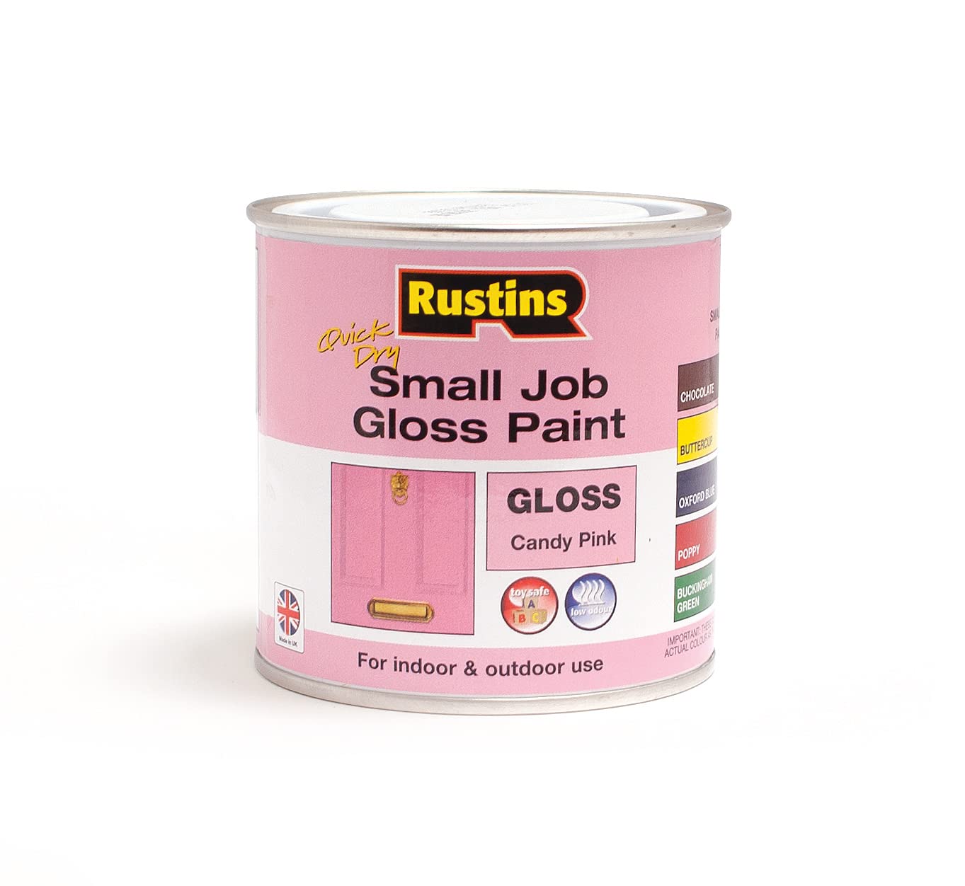 Rustins Small Job Candy Pink gloss paint can for quick touch-ups on small projects