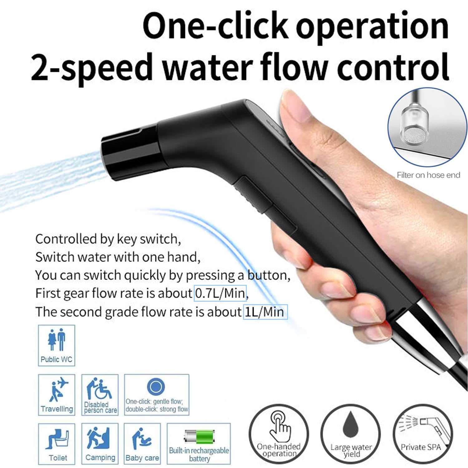 Rutell portable electric bidet features a 1.2m tube for flexible reach.