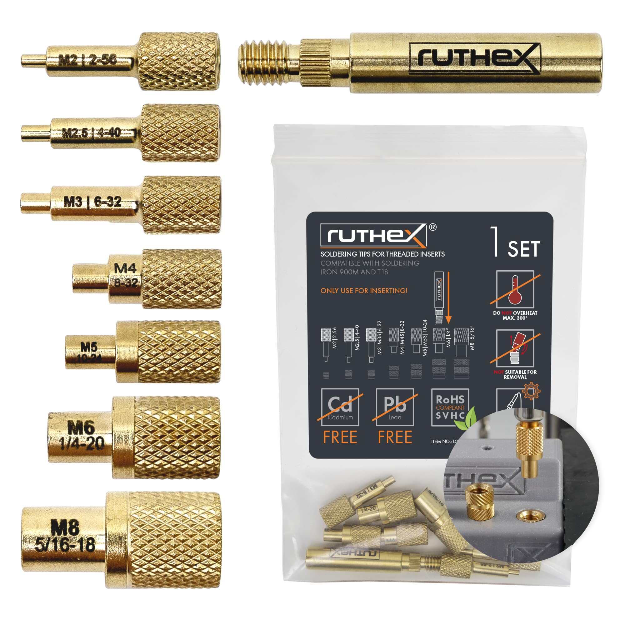 Ruthex 7x soldering tips set for thread inserts M2 to M8 enabling precise installations